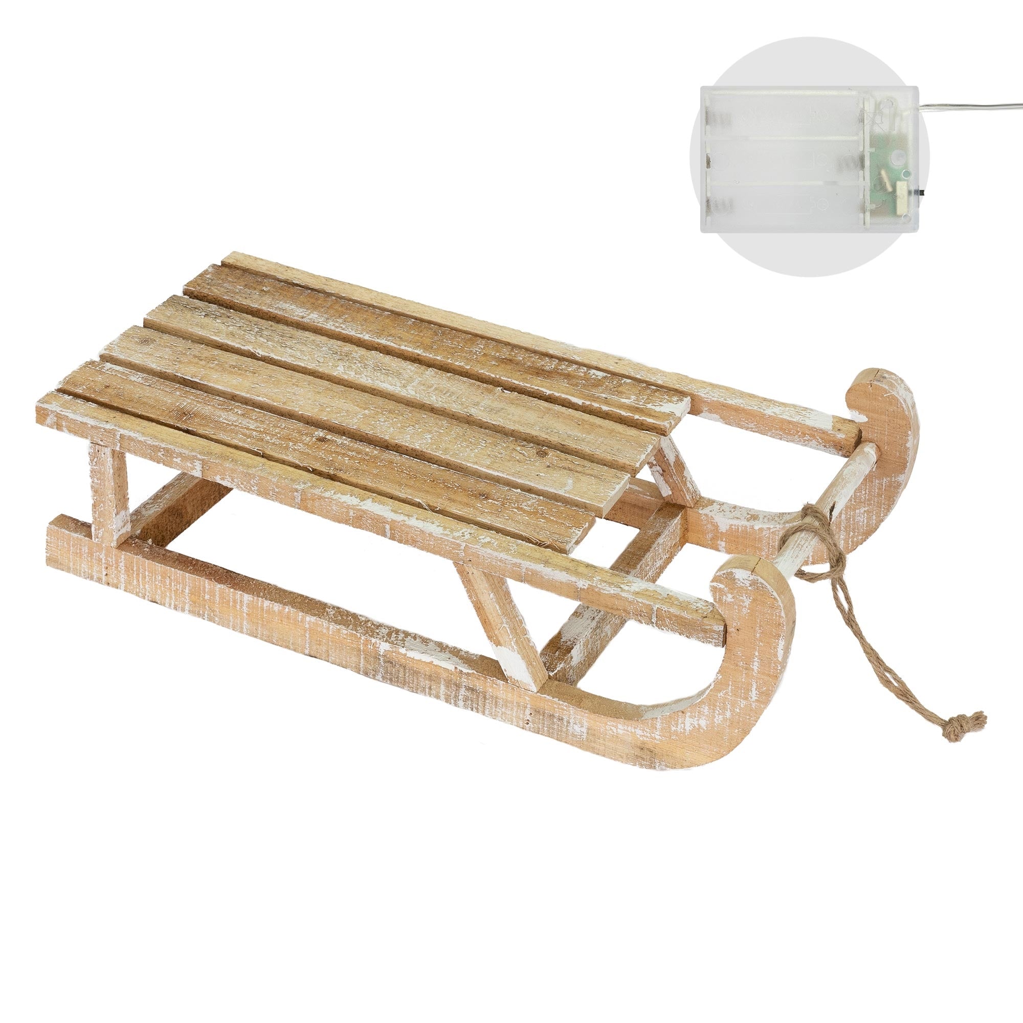 Luge en bois avec des patins et une corde pour tirer, un élément transparent en arrière-plan.