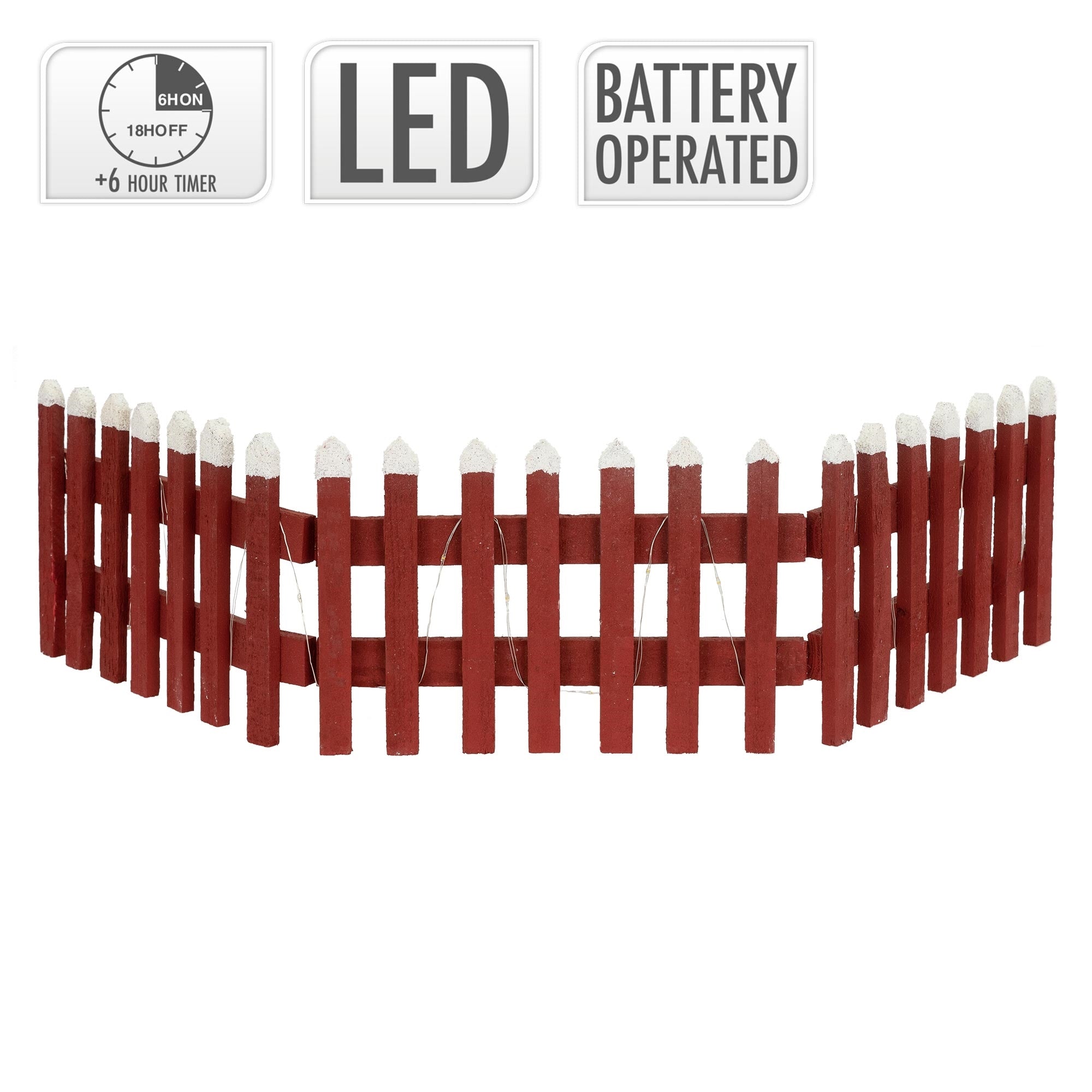 Ein gebogener roter Zaun mit weißen Spitzen und LED-Anzeige.