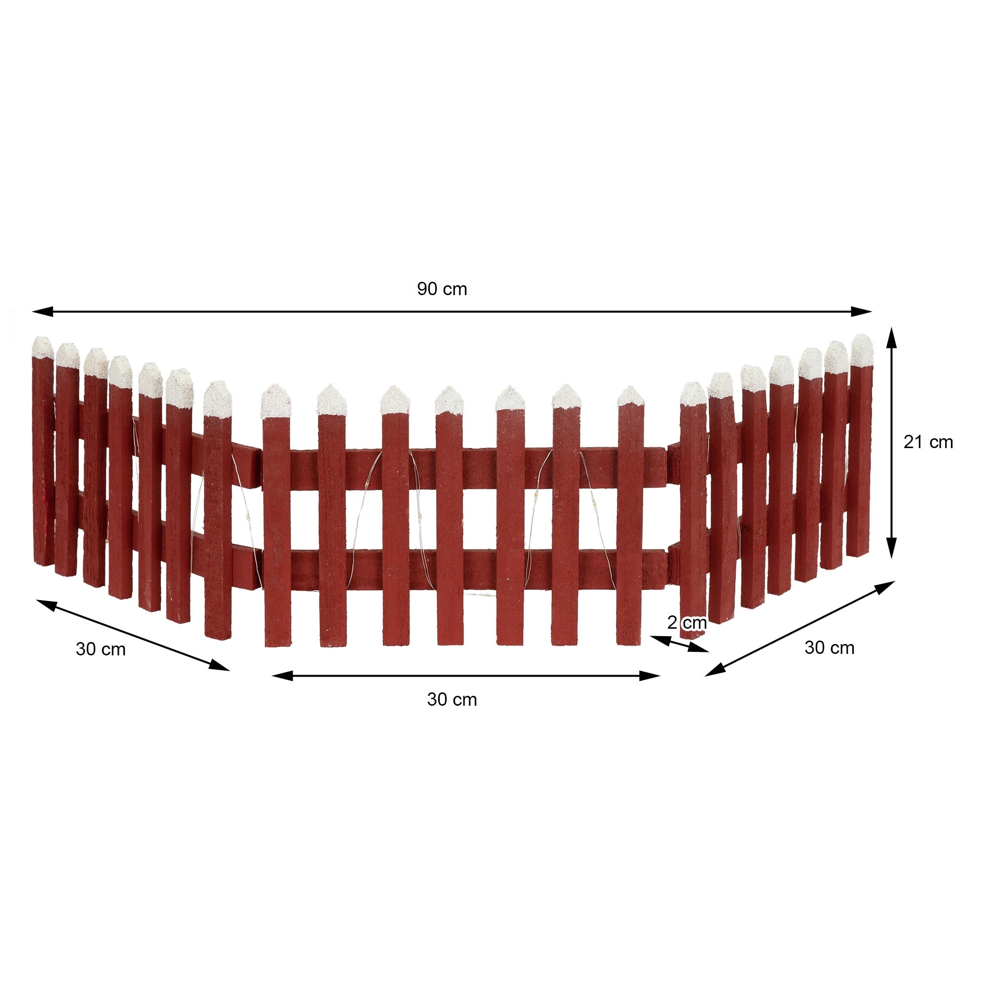 Roter Zaun in gebogener Form, Maße: 90 cm x 30 cm x 2 cm.