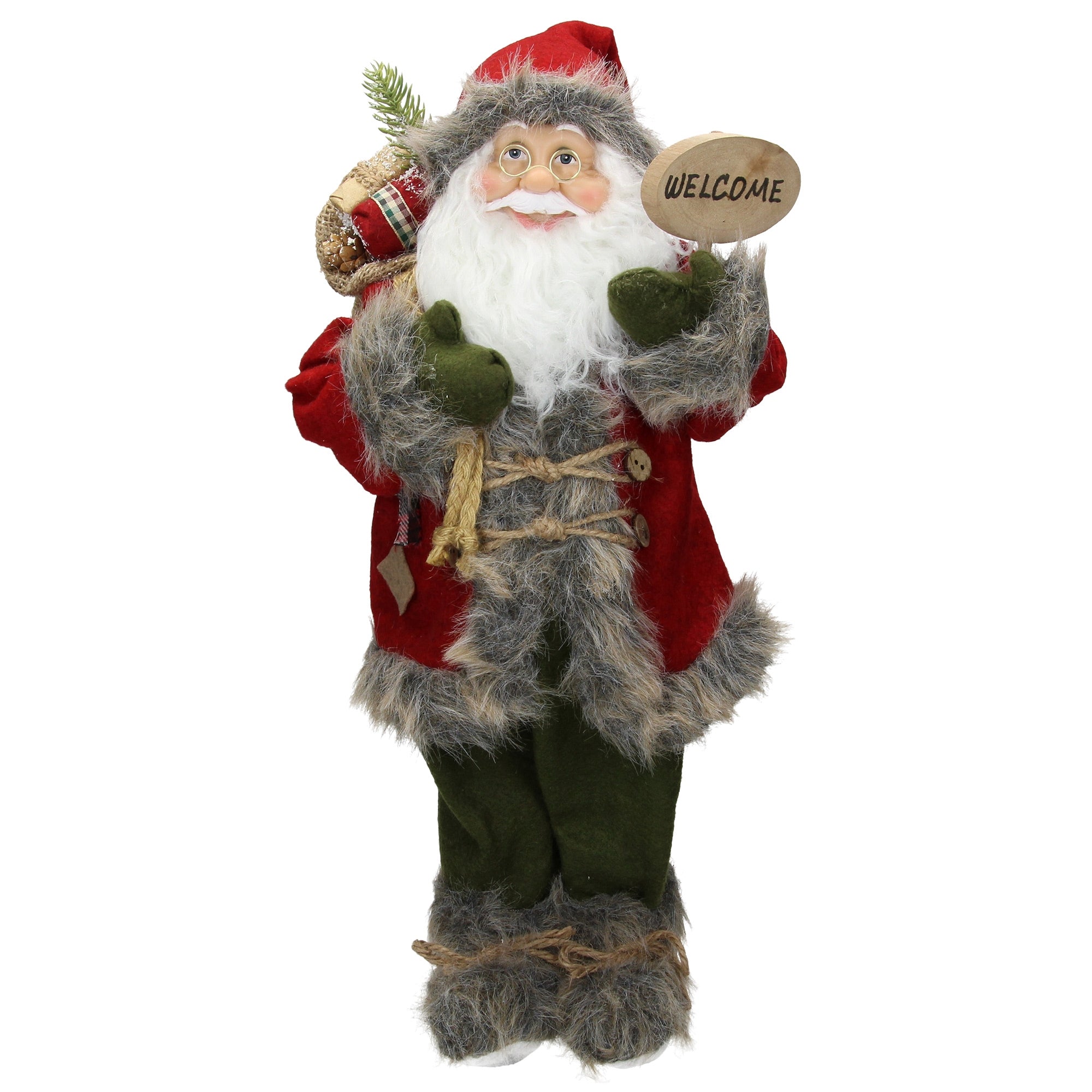 Santa Claus in a red suit holding a sign that says 'WELCOME'.