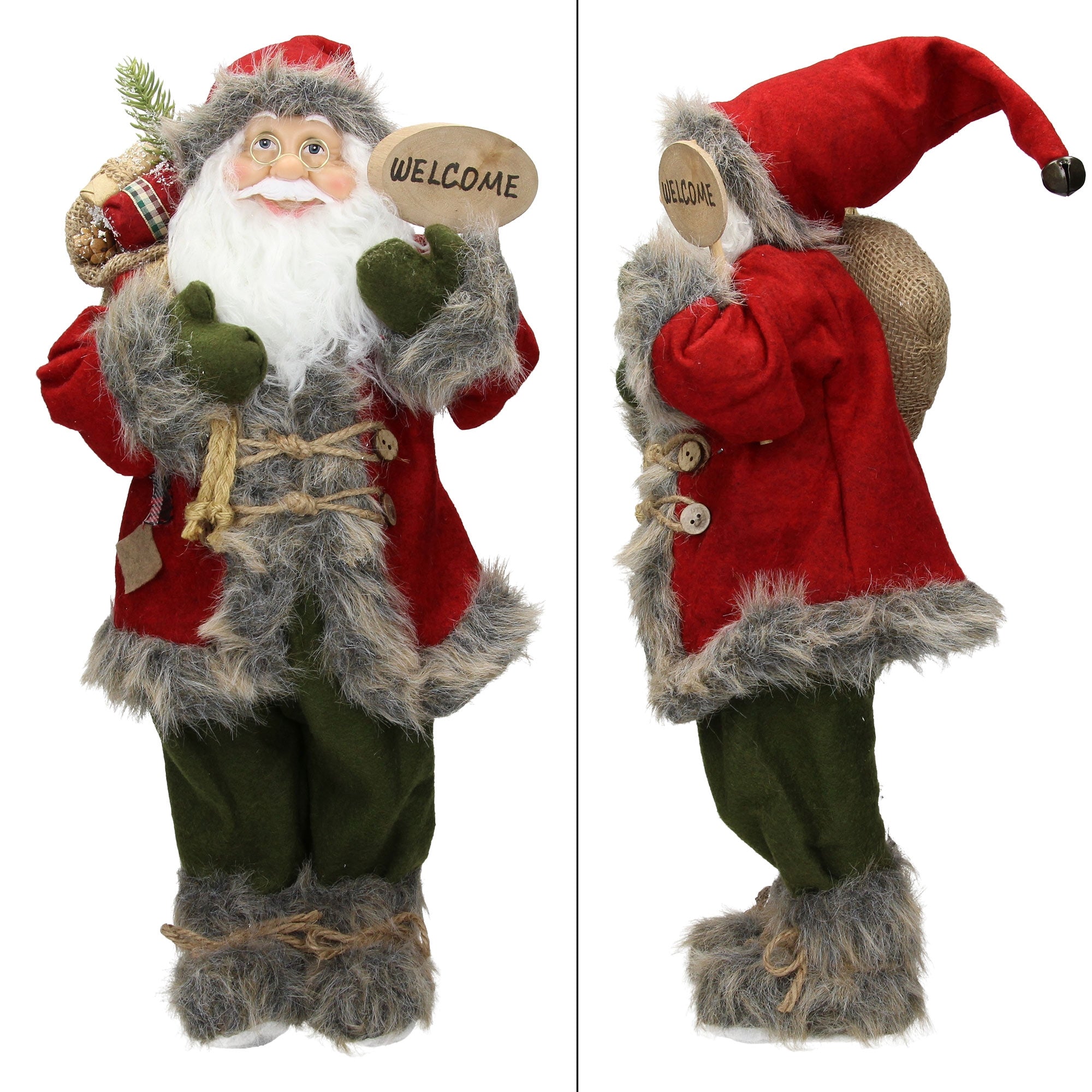 A Santa Claus in a red suit with gifts and a sign that says 'WELCOME'.