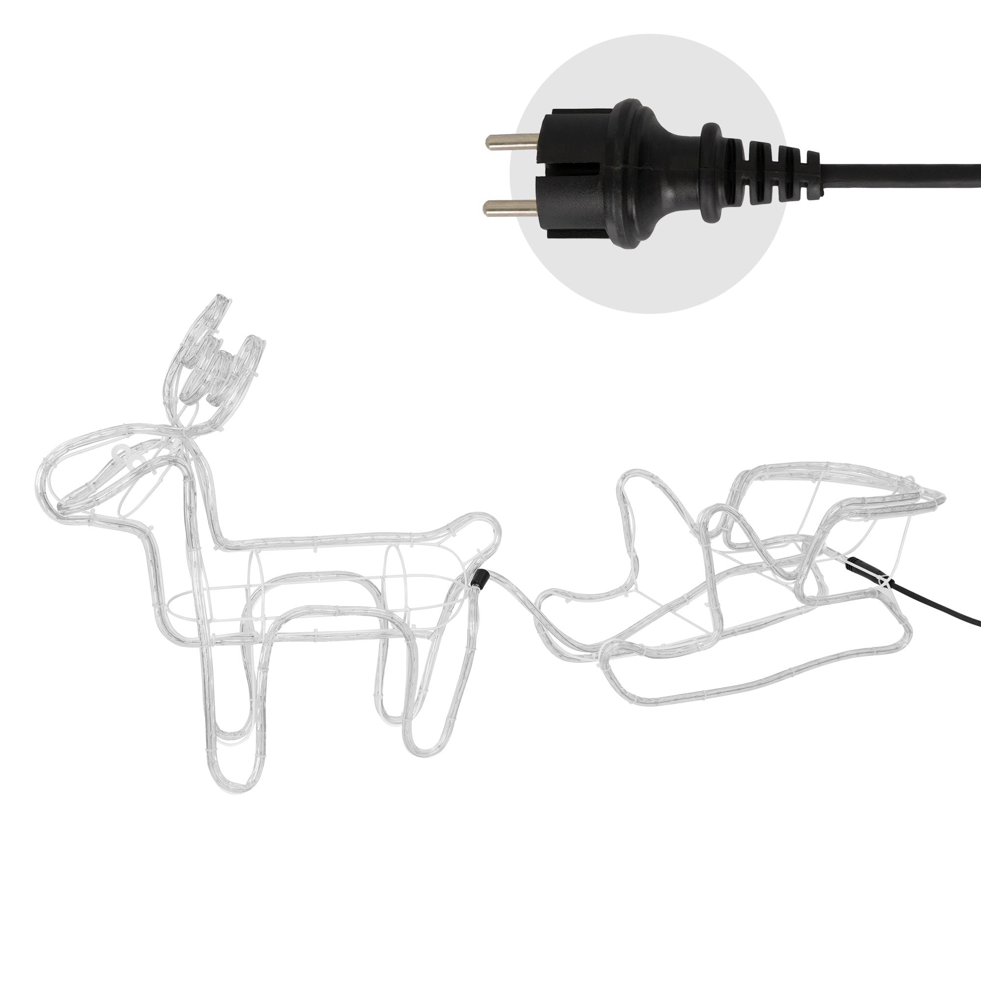 Stecker für ein beleuchtetes Rentier mit Schlitten.