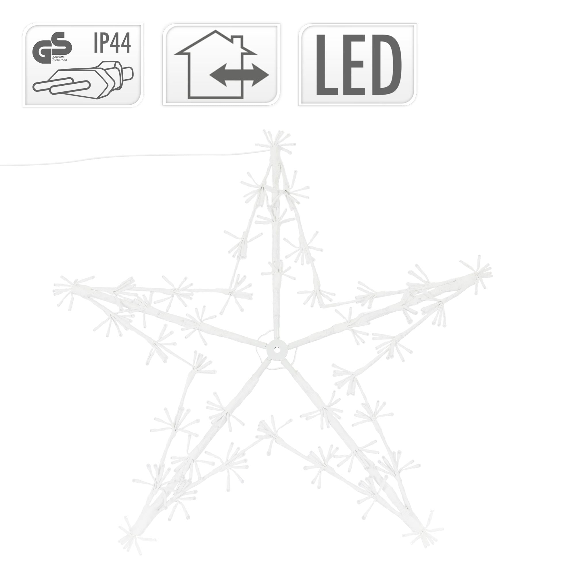 Weißer Sternrahmen mit technischen Symbolen und LED-Hinweis.