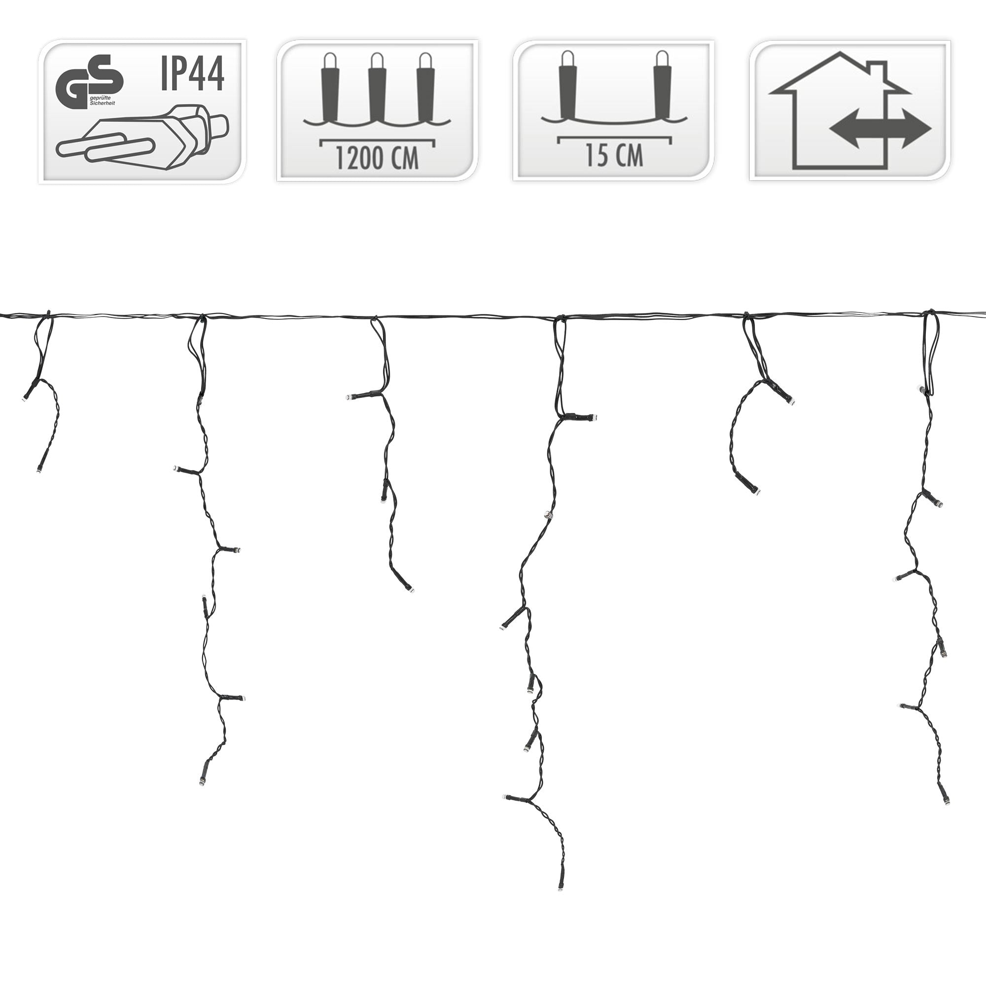 Graphique avec guirlande lumineuse, longueur et espacement des lumières indiqués.