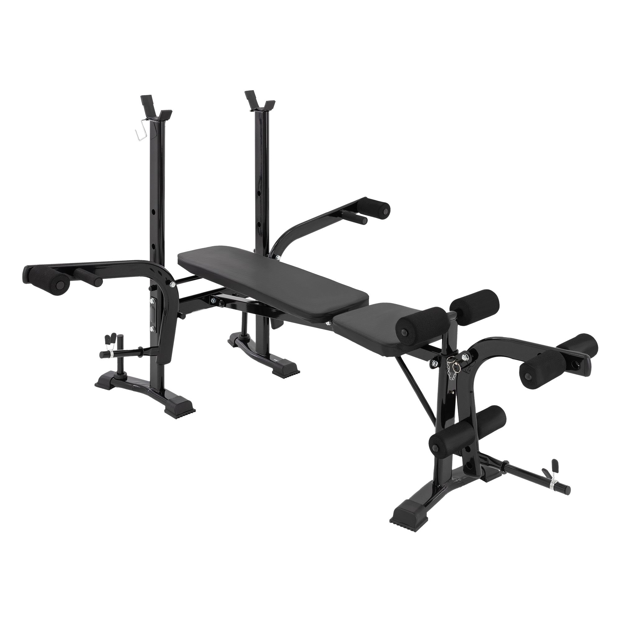Fitness lavice s několika držáky a polstrováním.