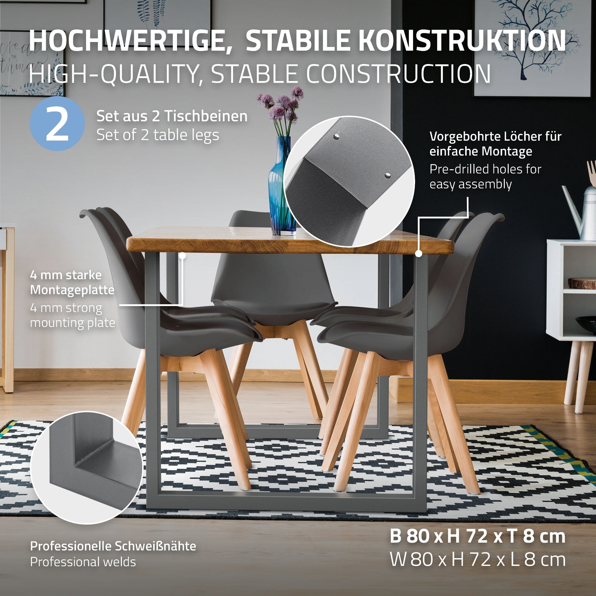 Bord med grå bordben og stole i et moderne spisestue.