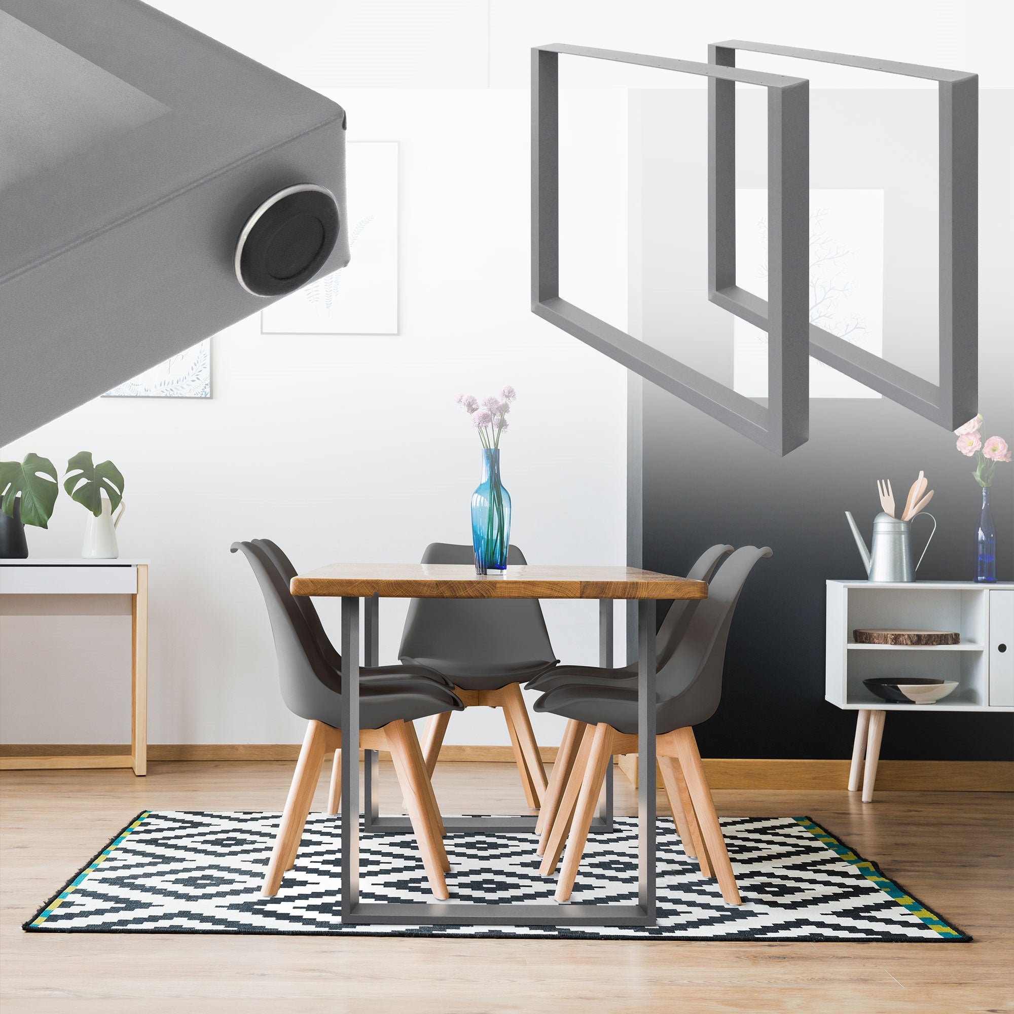 Ein Esstisch mit vier Stühlen, einer Vase und Bildern an der Wand.