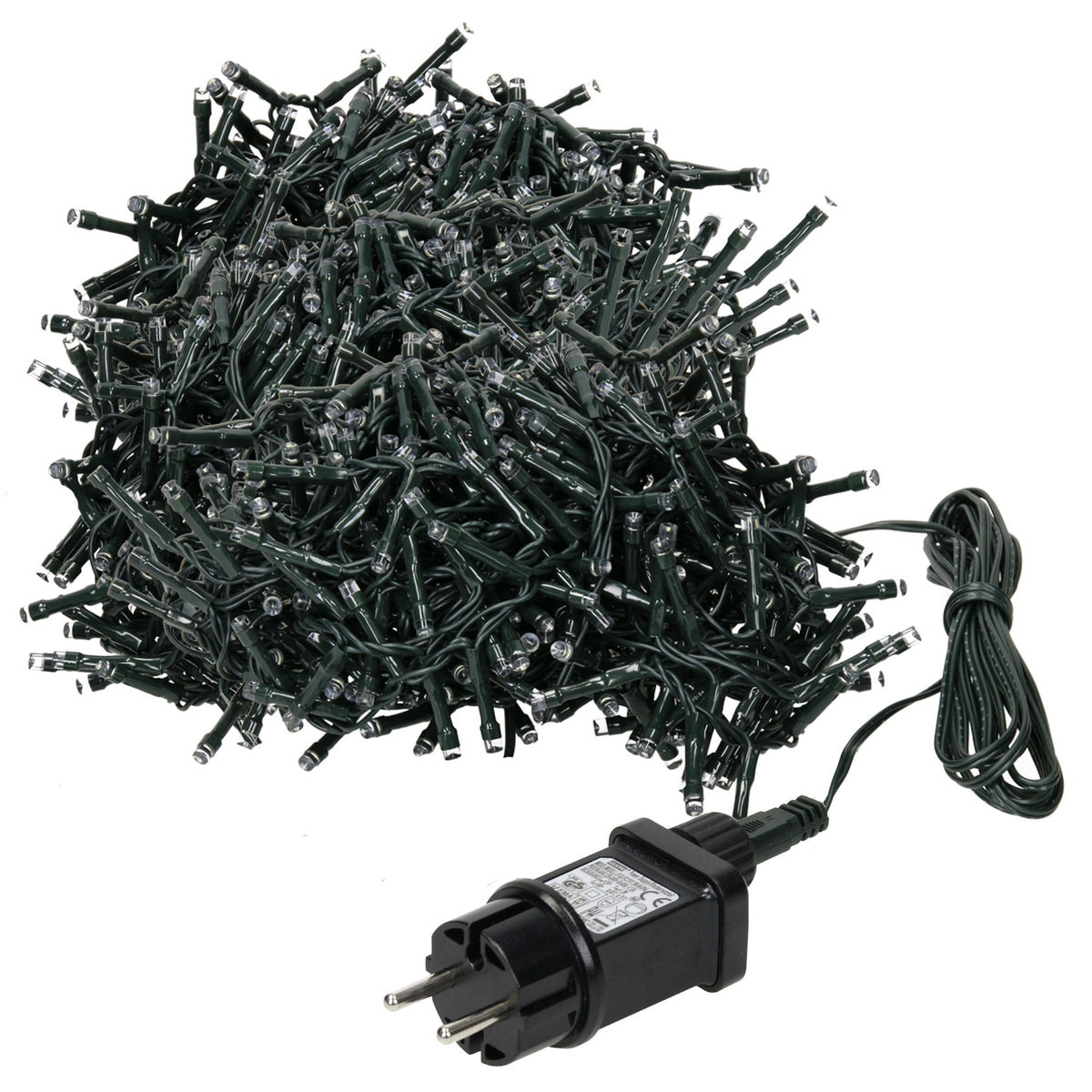 Tæt kabel med mange lys, forbundet med en stikprop.