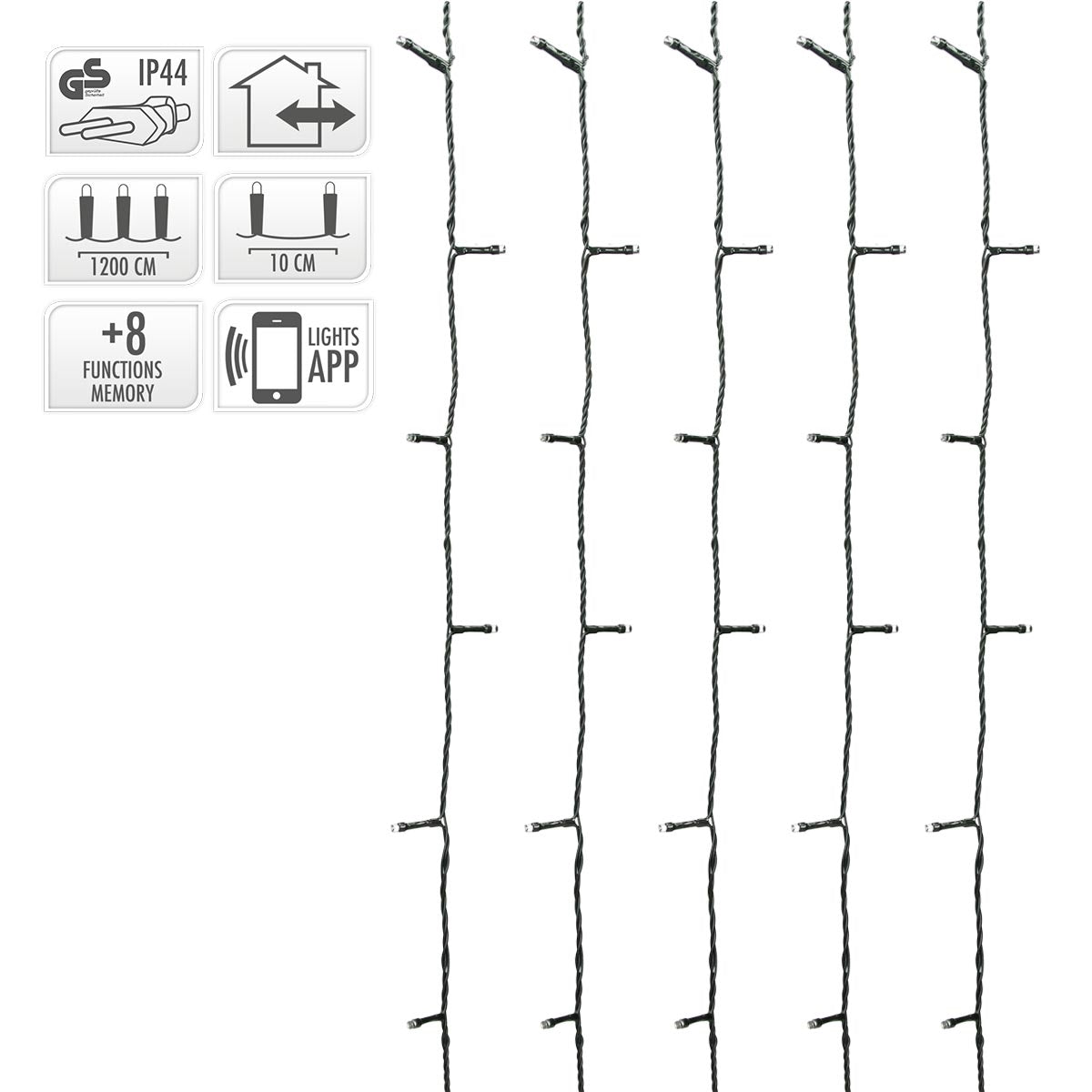 Flere lys på et kabel, med tekniske symboler.