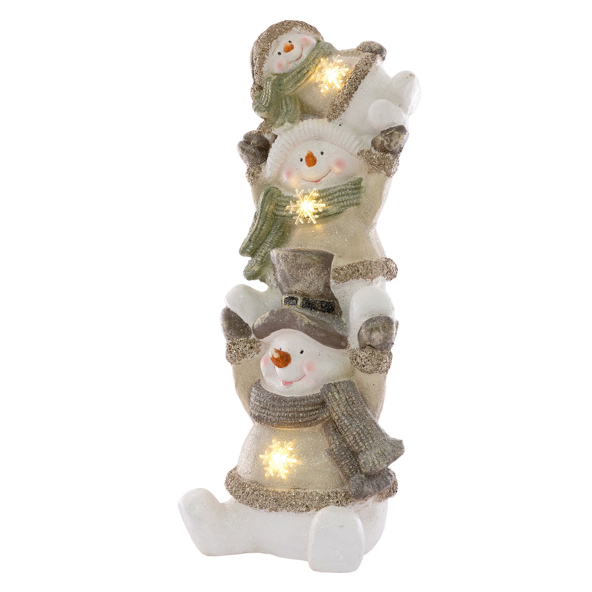 Tres muñecos de nieve iluminados, apilados, con bufandas y sombreros.