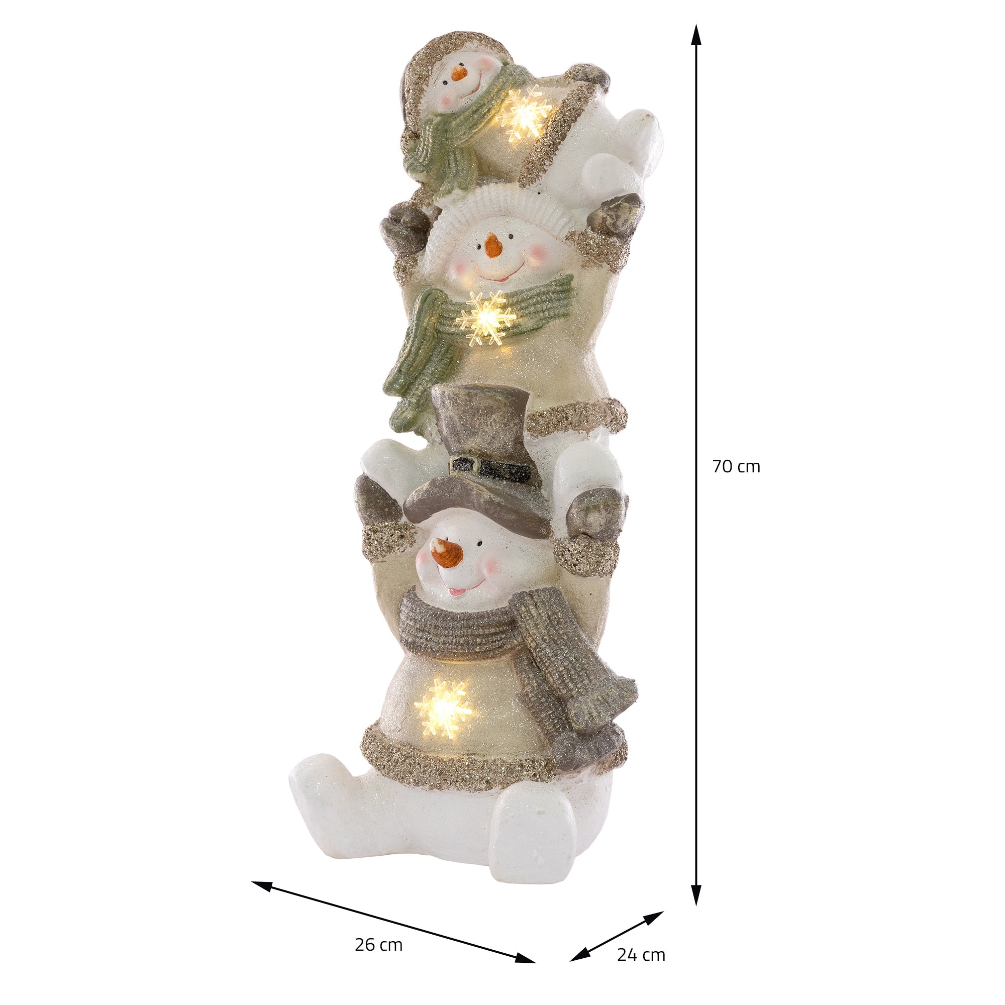 Tres muñecos de nieve en una disposición decorativa, iluminados, con diferentes sombreros.
