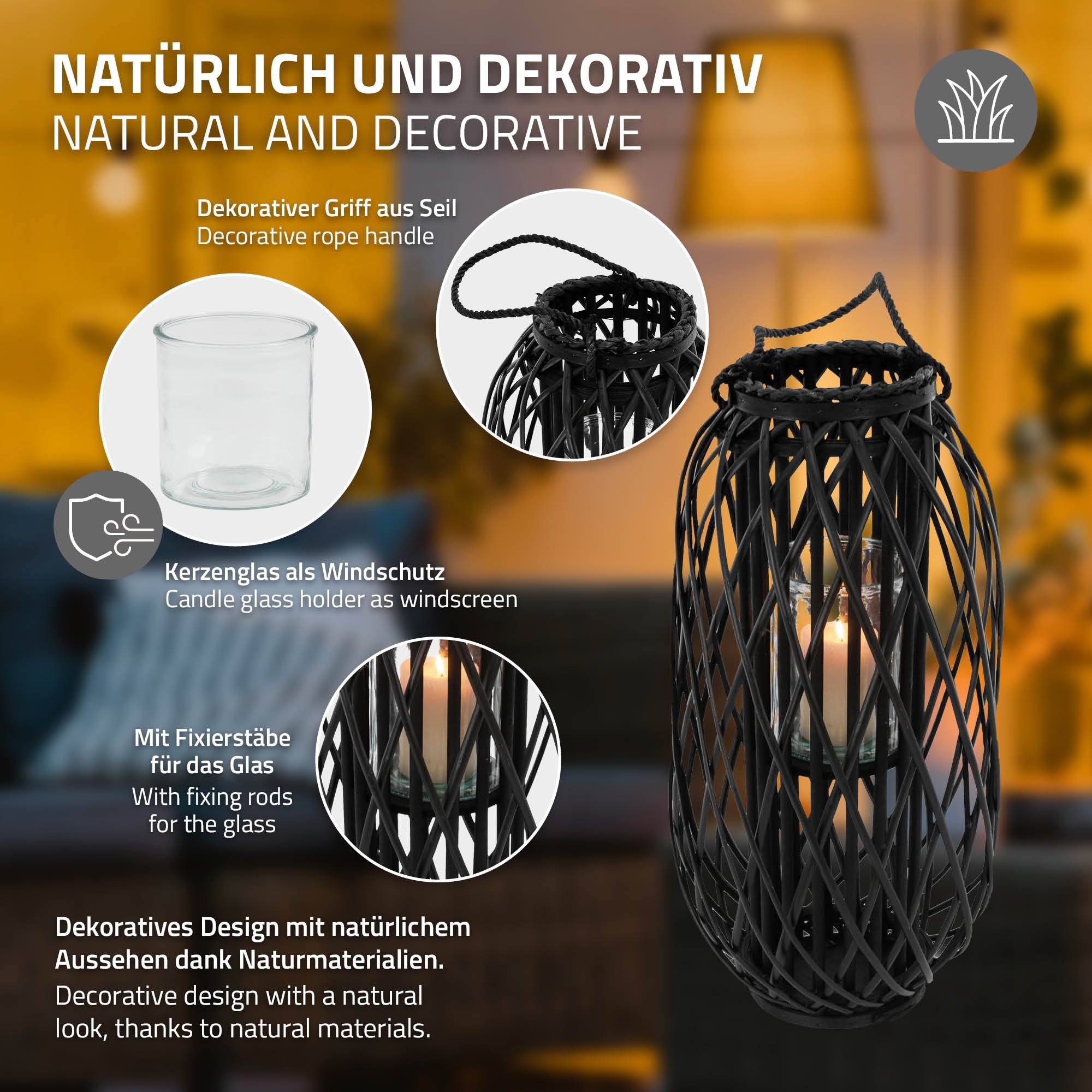 Lanterne noire avec poignée décorative et verre à bougie.