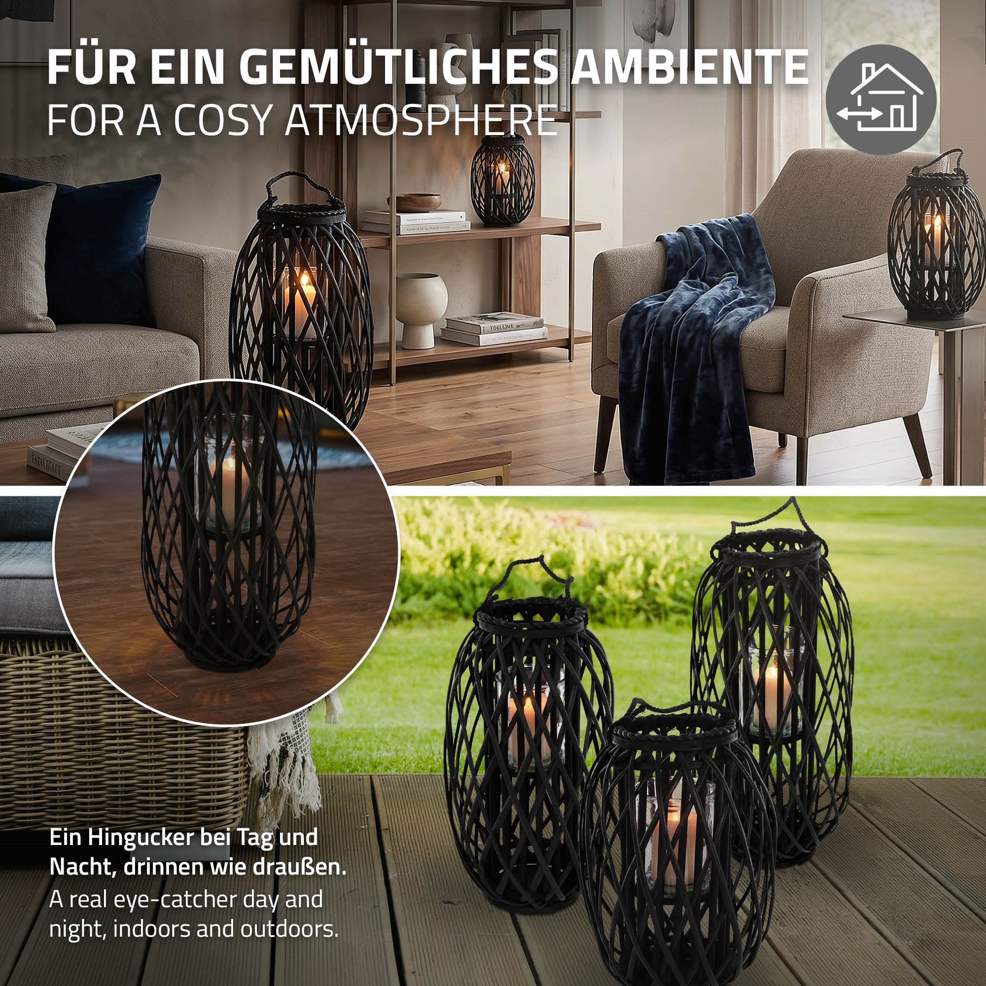 Salon avec des lanternes décoratives et une atmosphère chaleureuse.