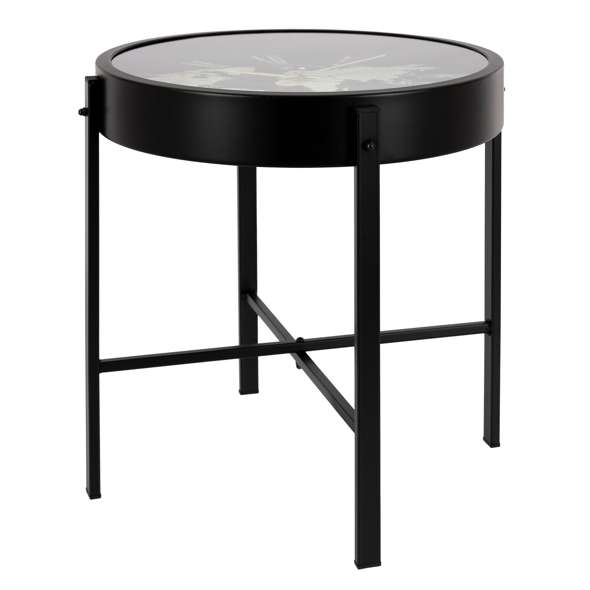 Table d'appoint noire avec un plateau en verre rond et un cadre métallique.