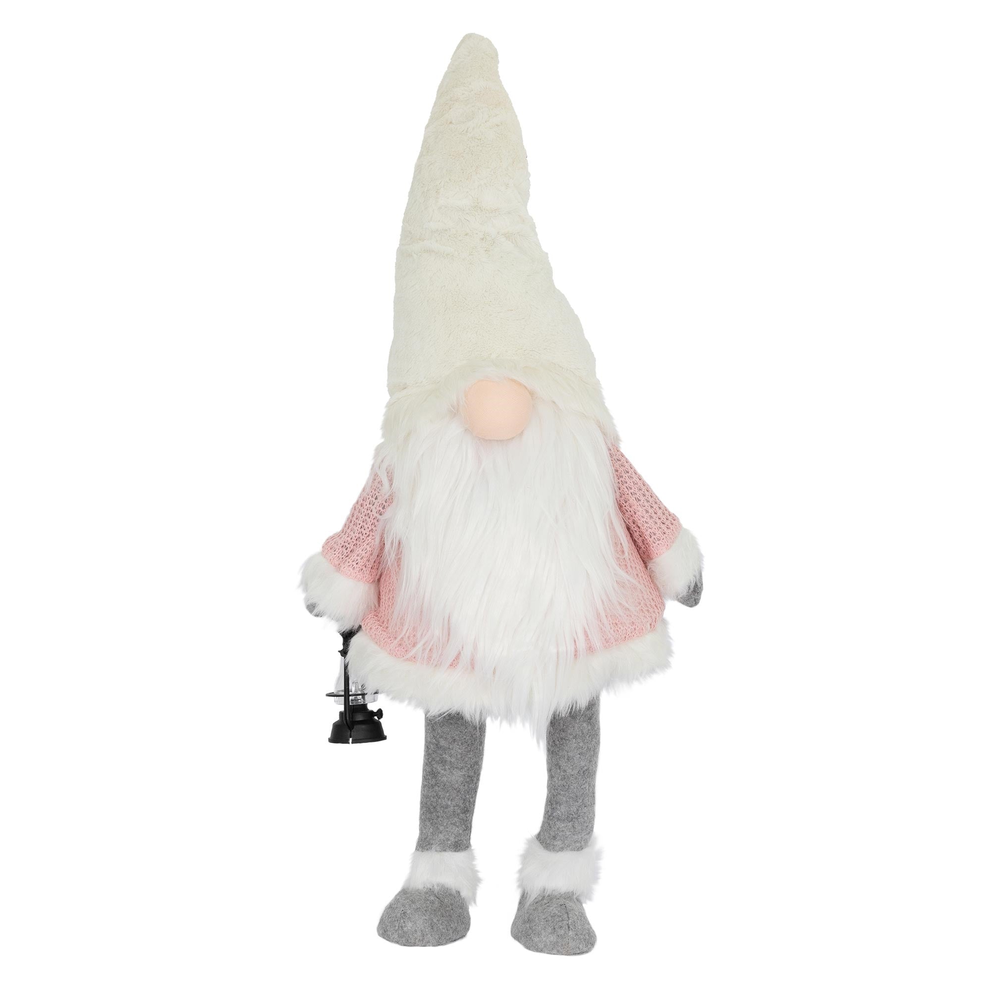 Plüschgnom mit weißem Hut, rosa Pullover und Laterne, vor weißem Hintergrund.