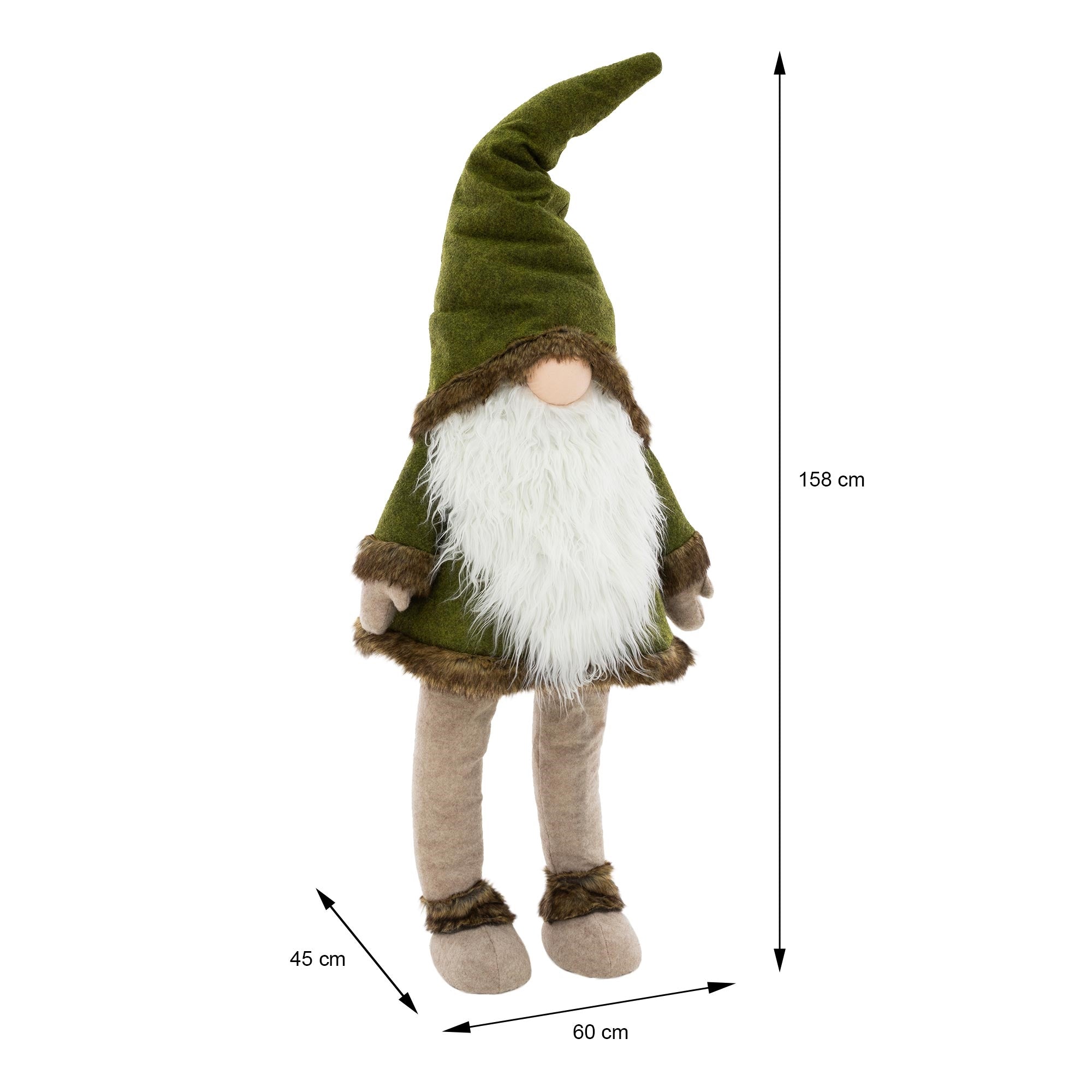Plyssgnom i grønt outfit med mål på en hvid baggrund.