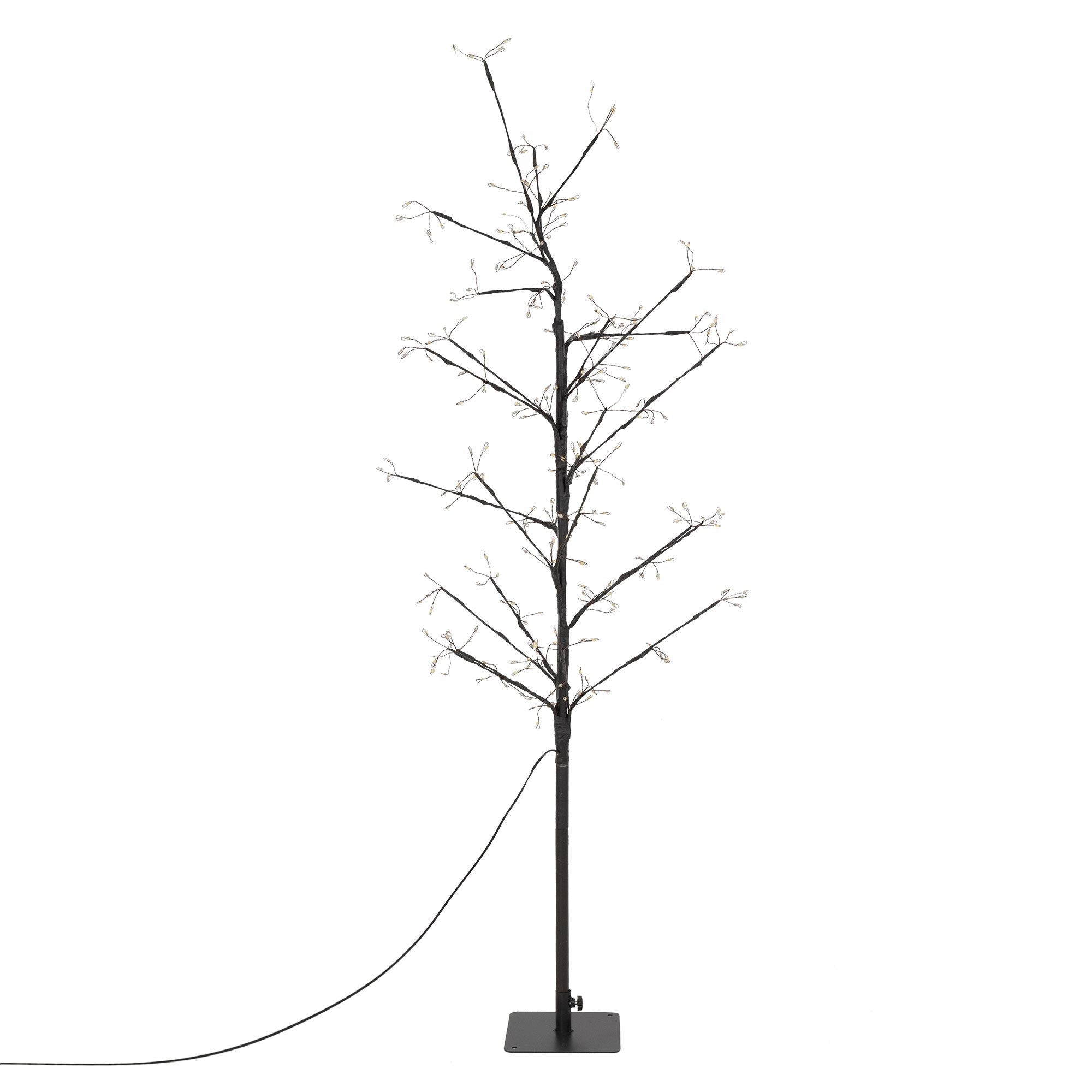 A decorative tree with thin branches and lights, on a black base.
