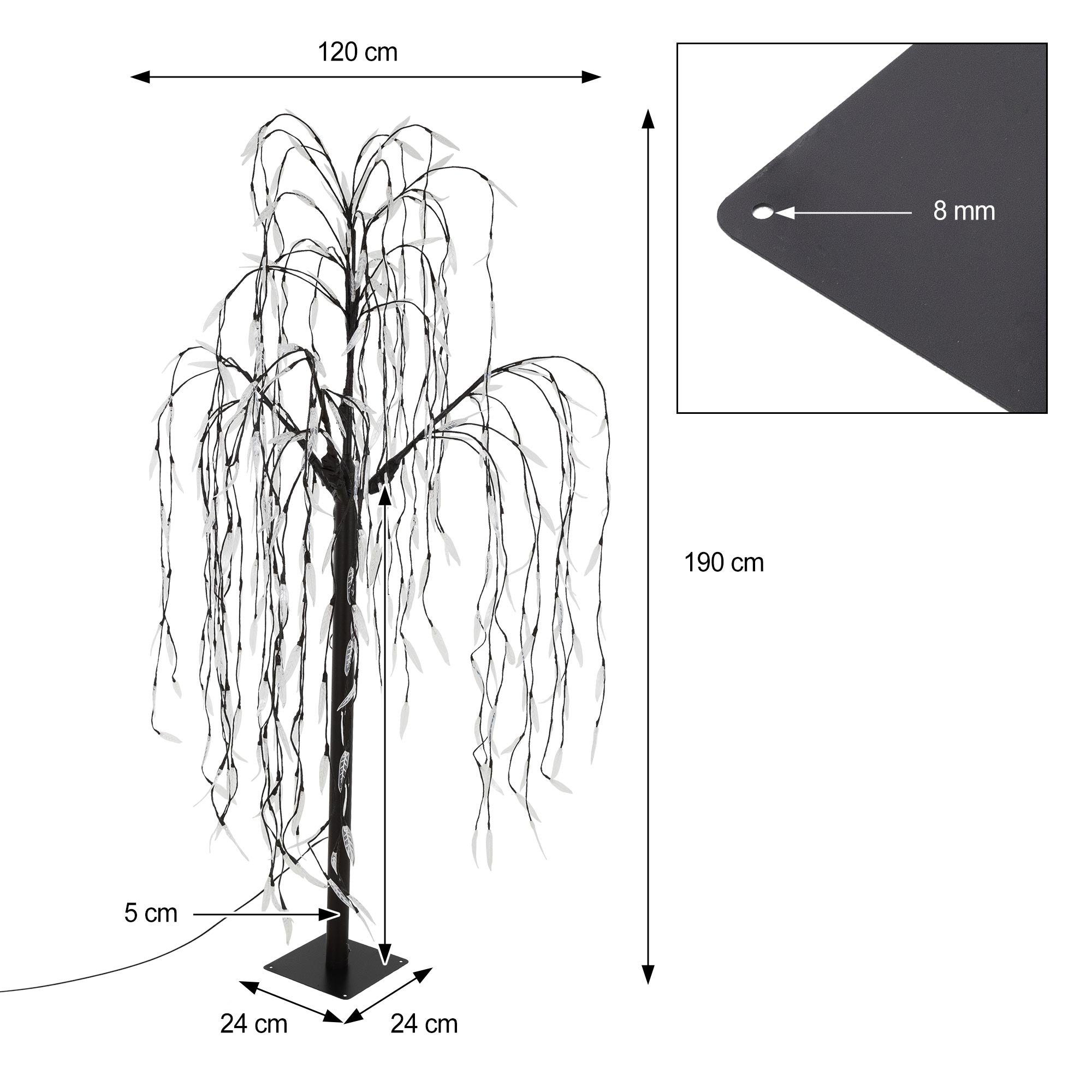 Árbol blanco y negro con ramas colgantes, medidas y una base cuadrada.