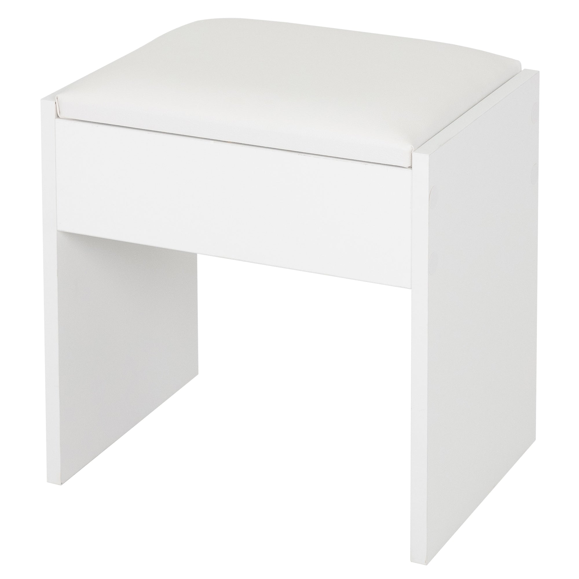 Weißer Hocker mit gepolsterter Sitzfläche.