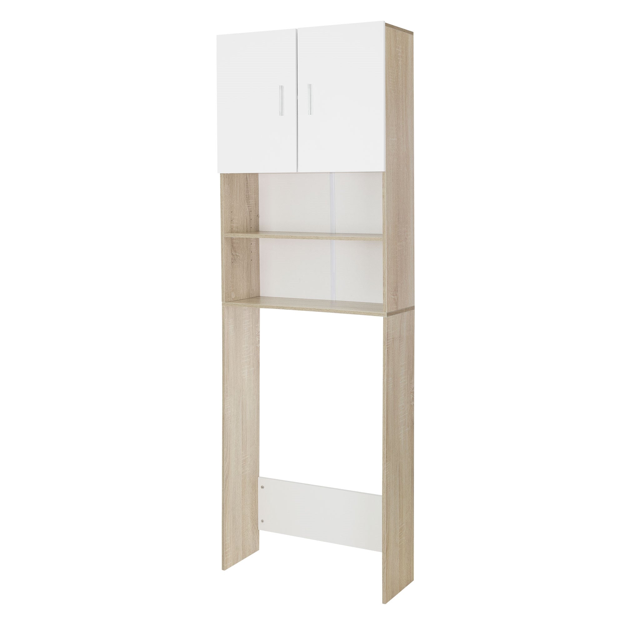 Een smalle, lichte kast met twee deuren en open planken.