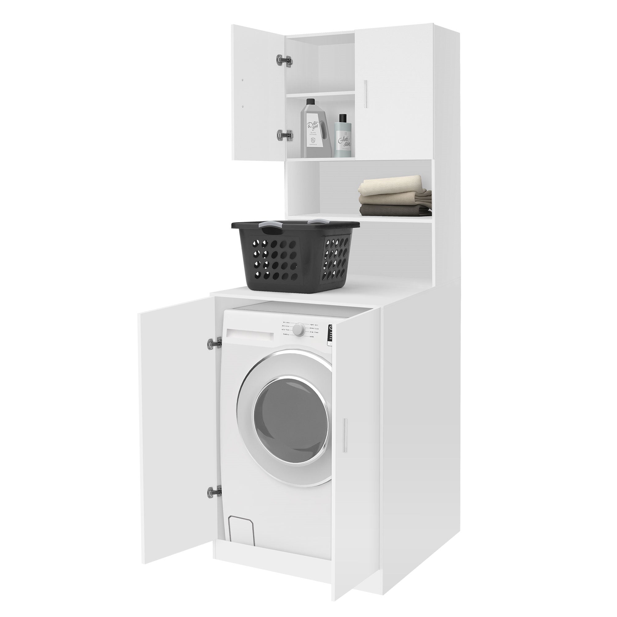 Waschmaschine in einem weißen Schrank mit Ablage und Wäschekorb.