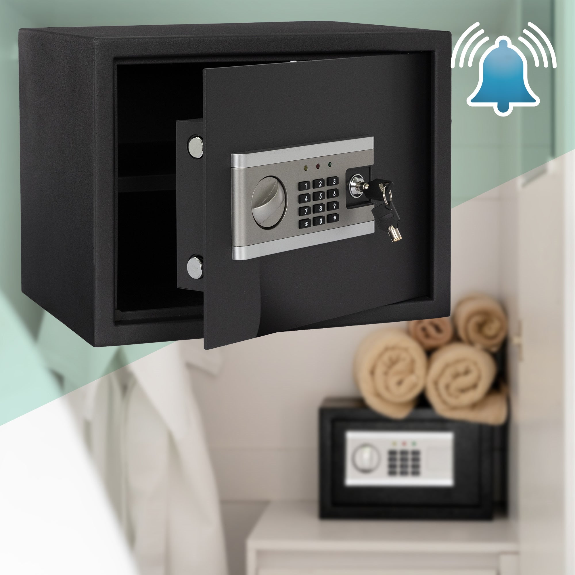 Open black safe with digital combination lock and towel in the background.