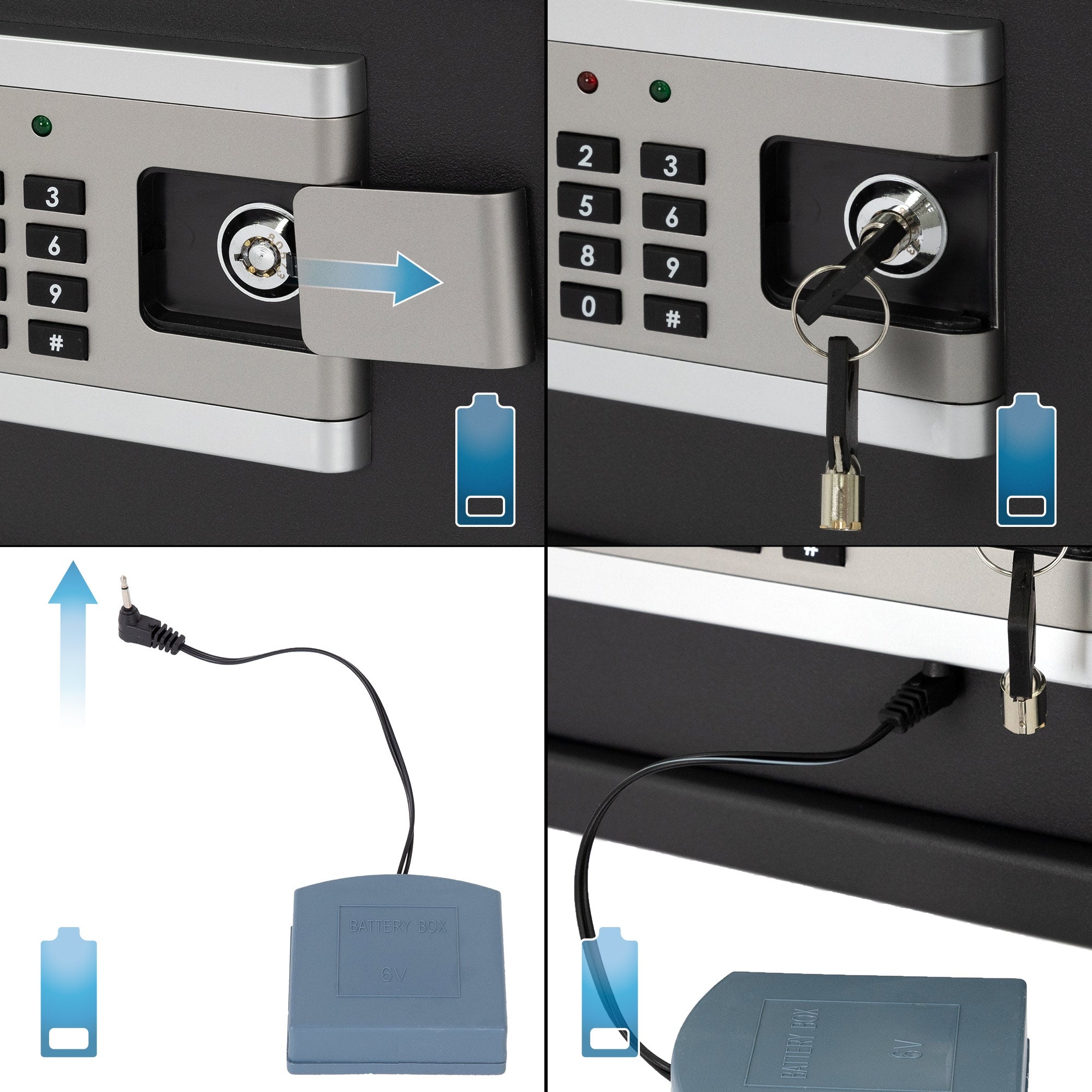 Close-up of a digital combination lock with key and battery compartment.