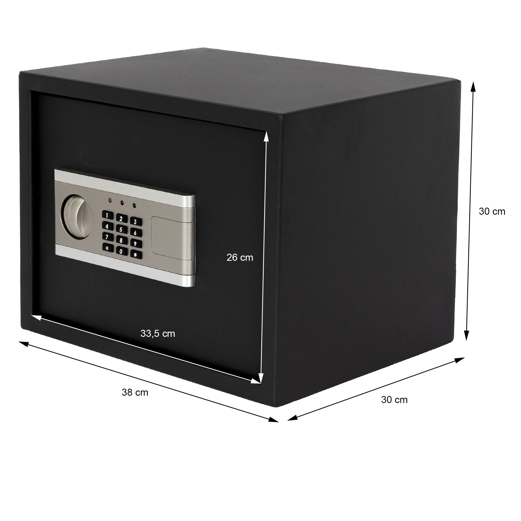 Black safe with digital combination lock, dimensions are specified.