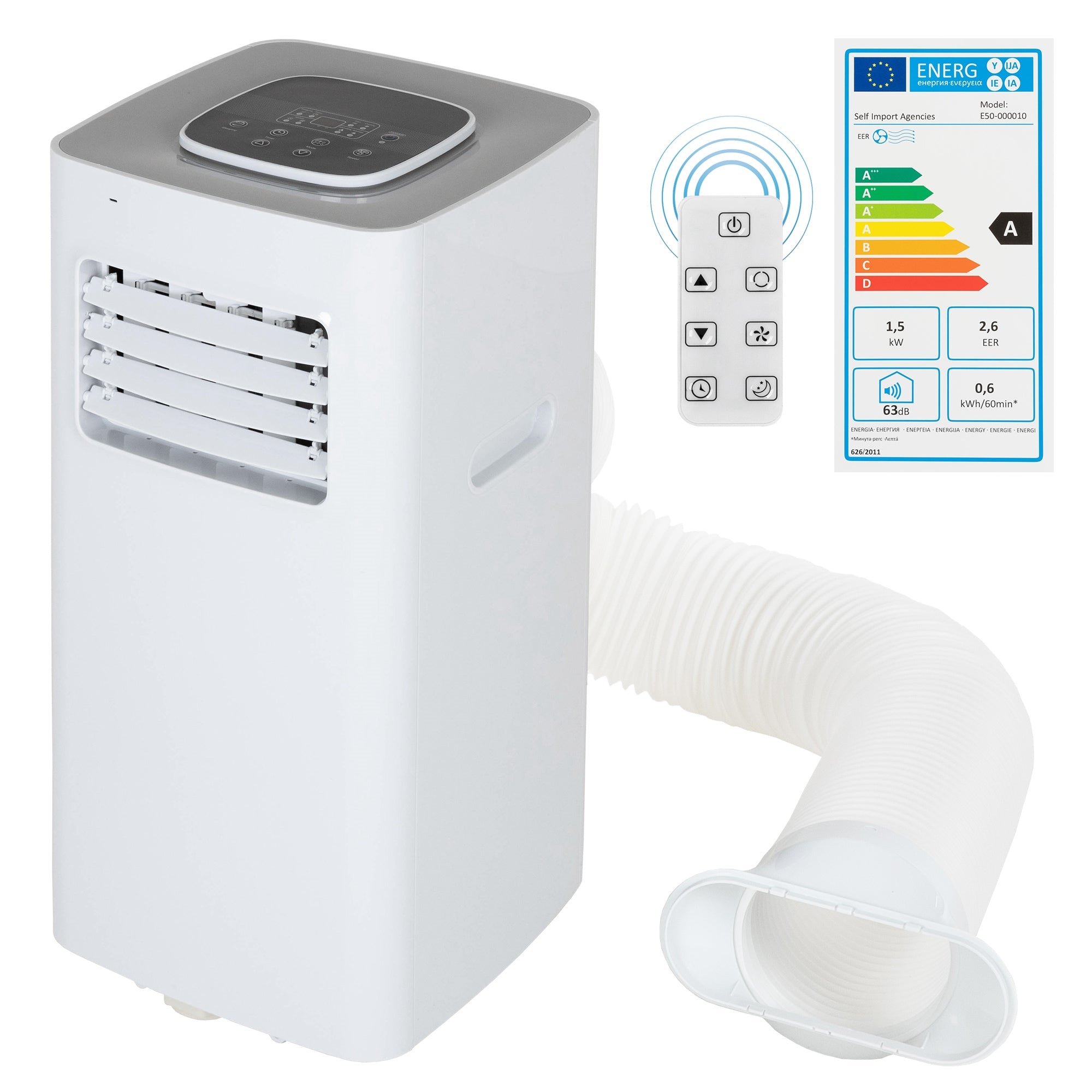 Climatiseur mobile avec télécommande et tuyau d'évacuation sur fond blanc.