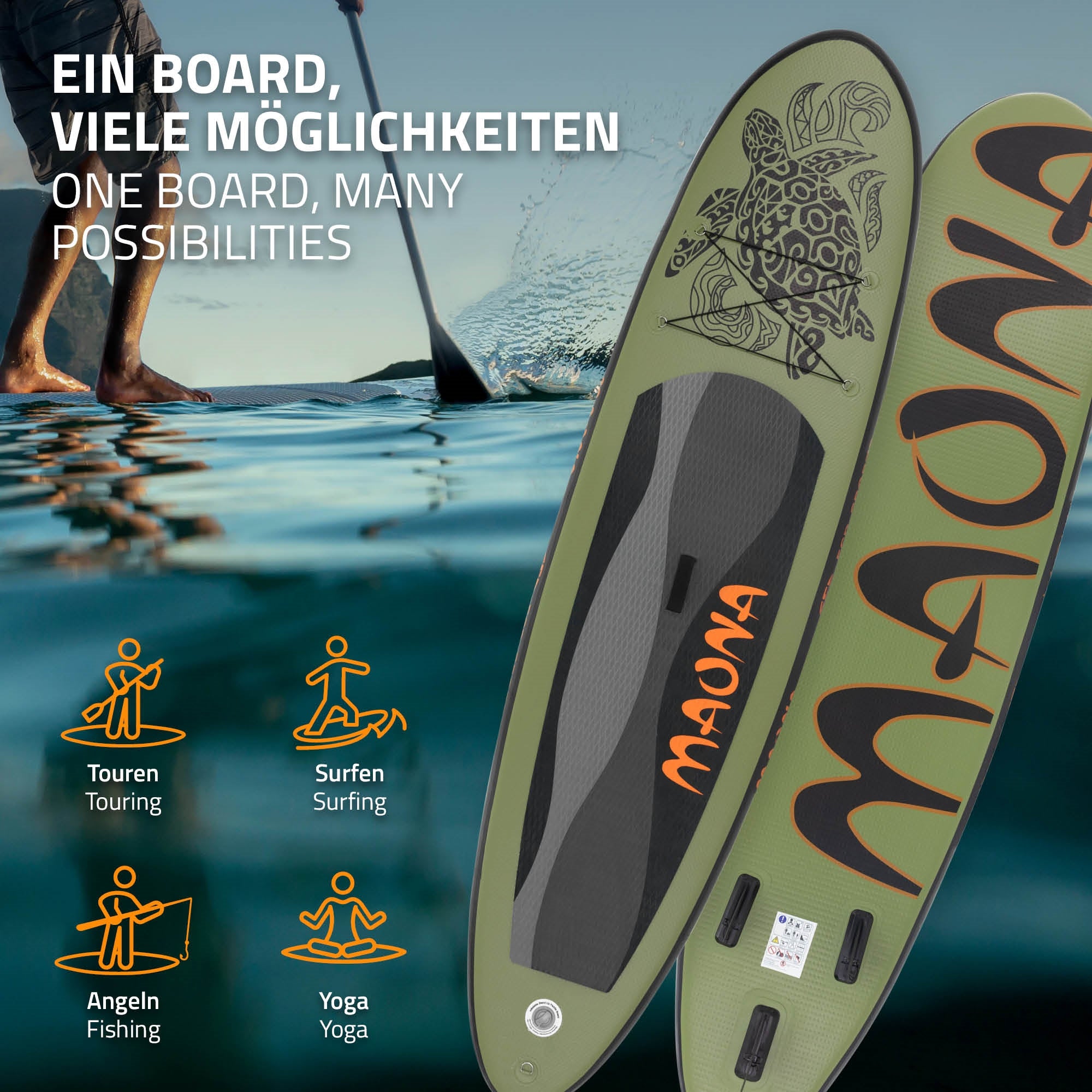 Zöld Stand-Up-Paddleboard használati lehetőségeket jelző szimbólumokkal.