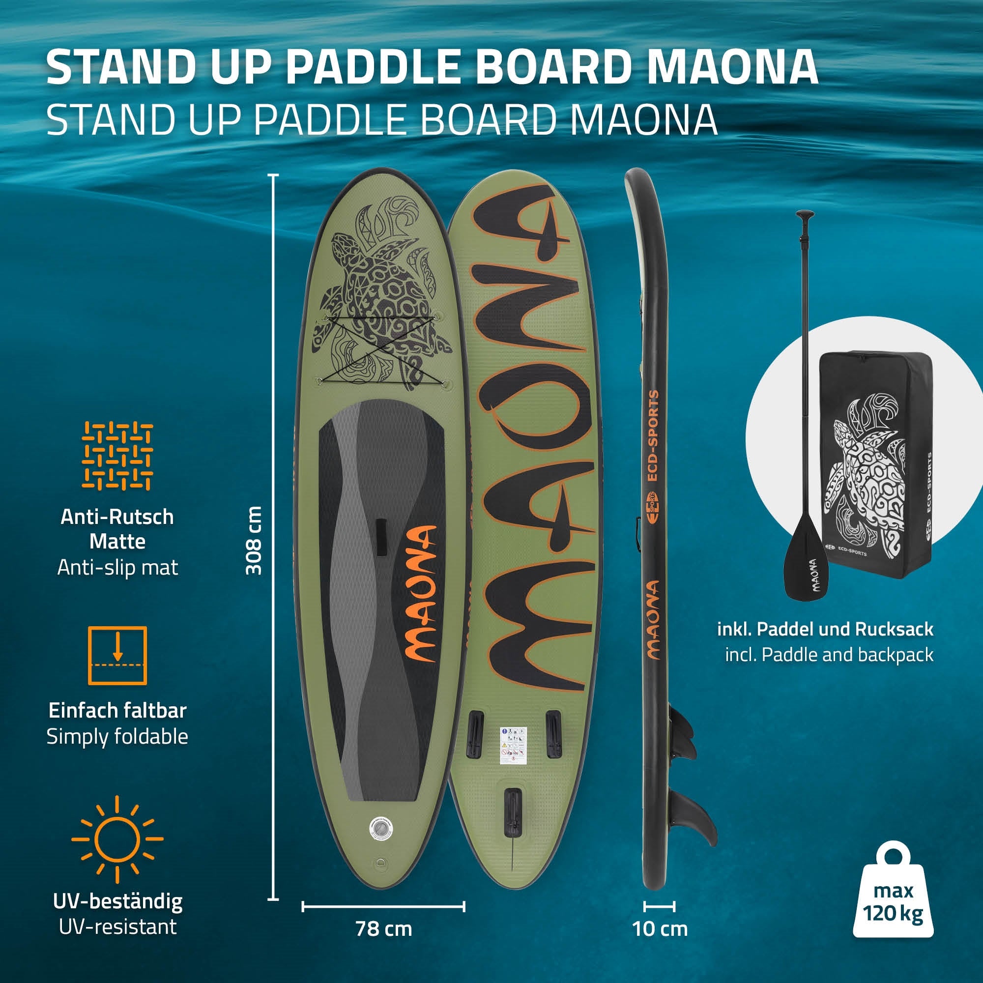 Maona Stand Up Paddle Board csúszásmentes szőnyeggel, összecsukható, evezővel és hátizsákkal.