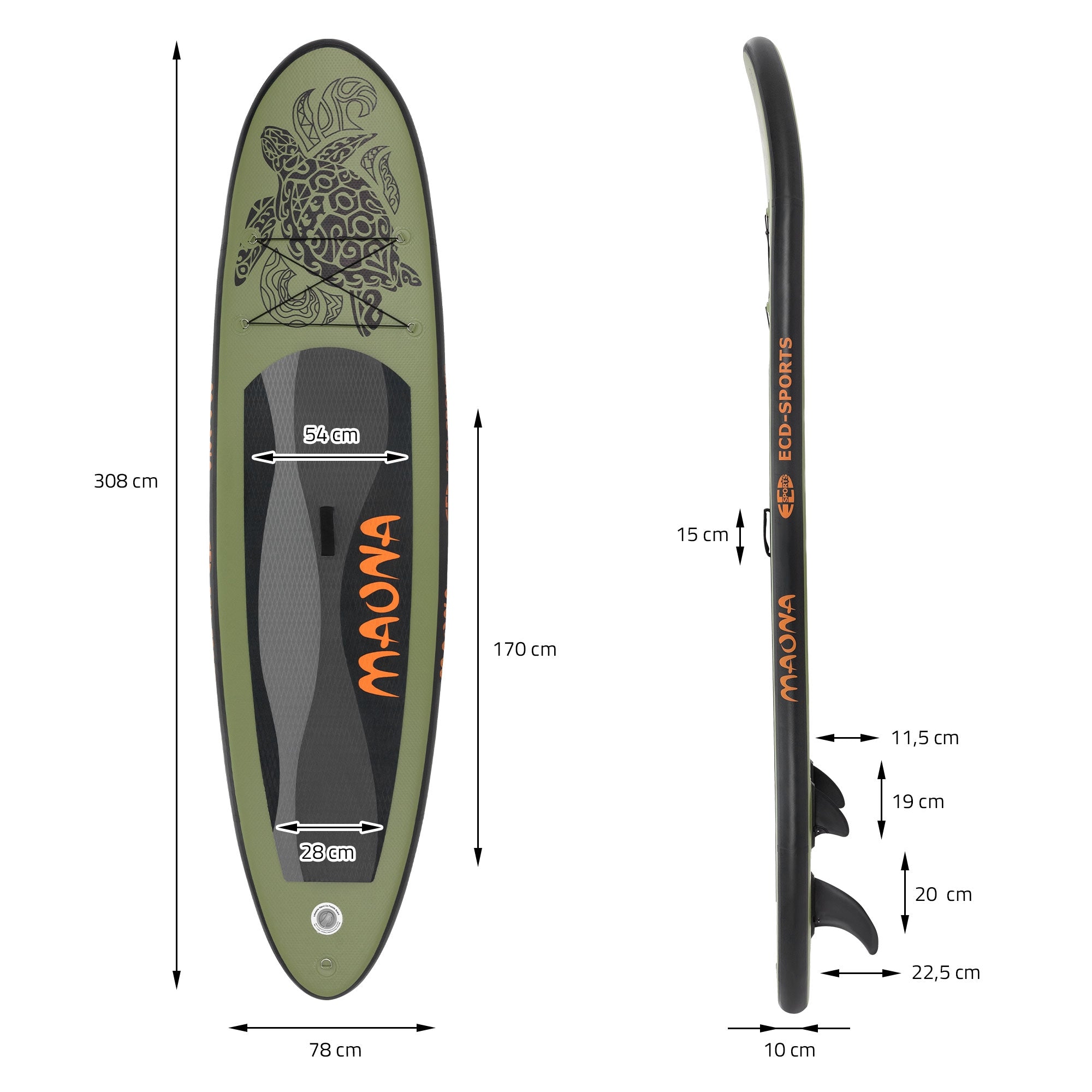 Oldalnézet egy Stand-Up-Paddle-Boardról méretmegjelölésekkel.
