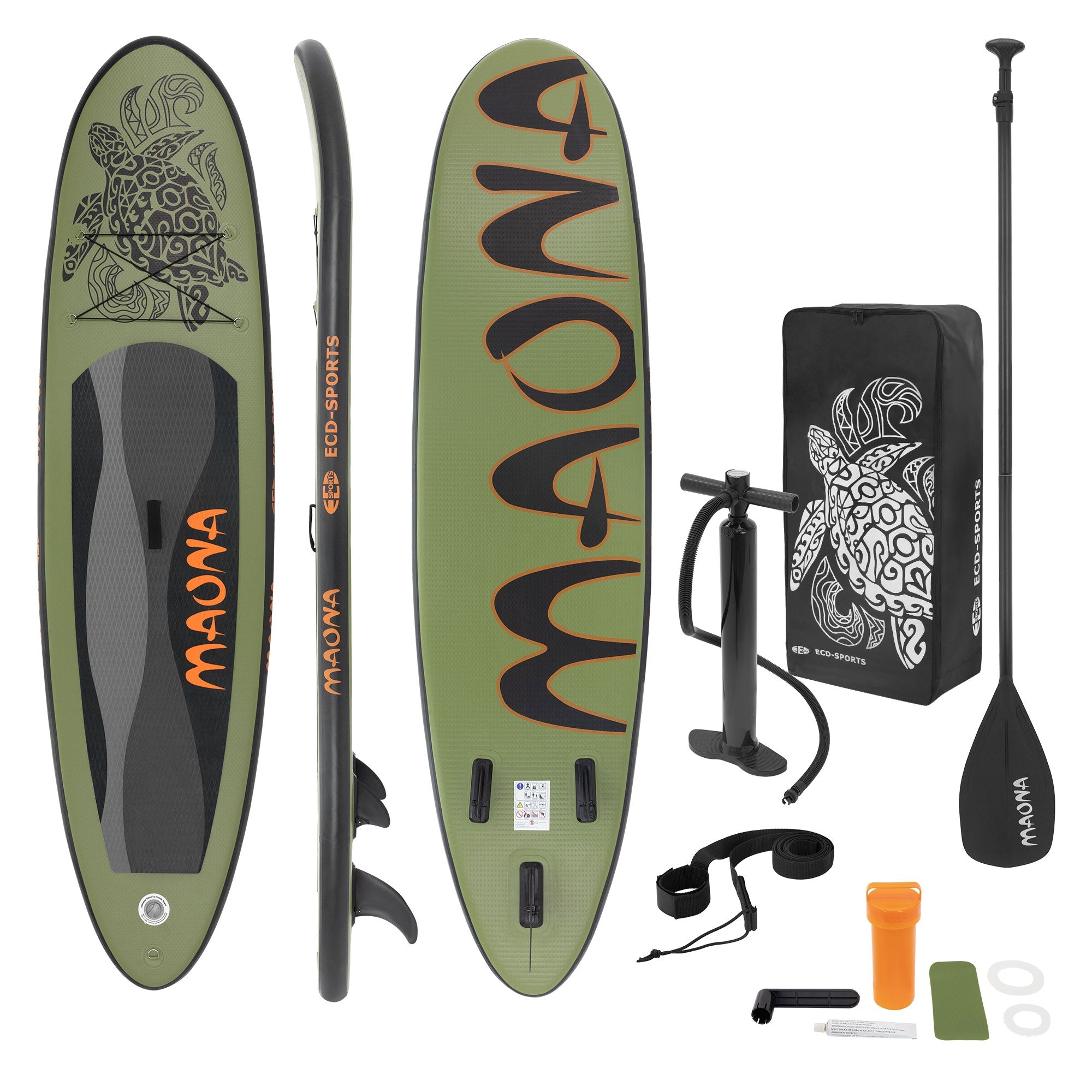 Olívazöld Stand-Up-Paddle-Board kiegészítőkkel, mint evező és pumpa.