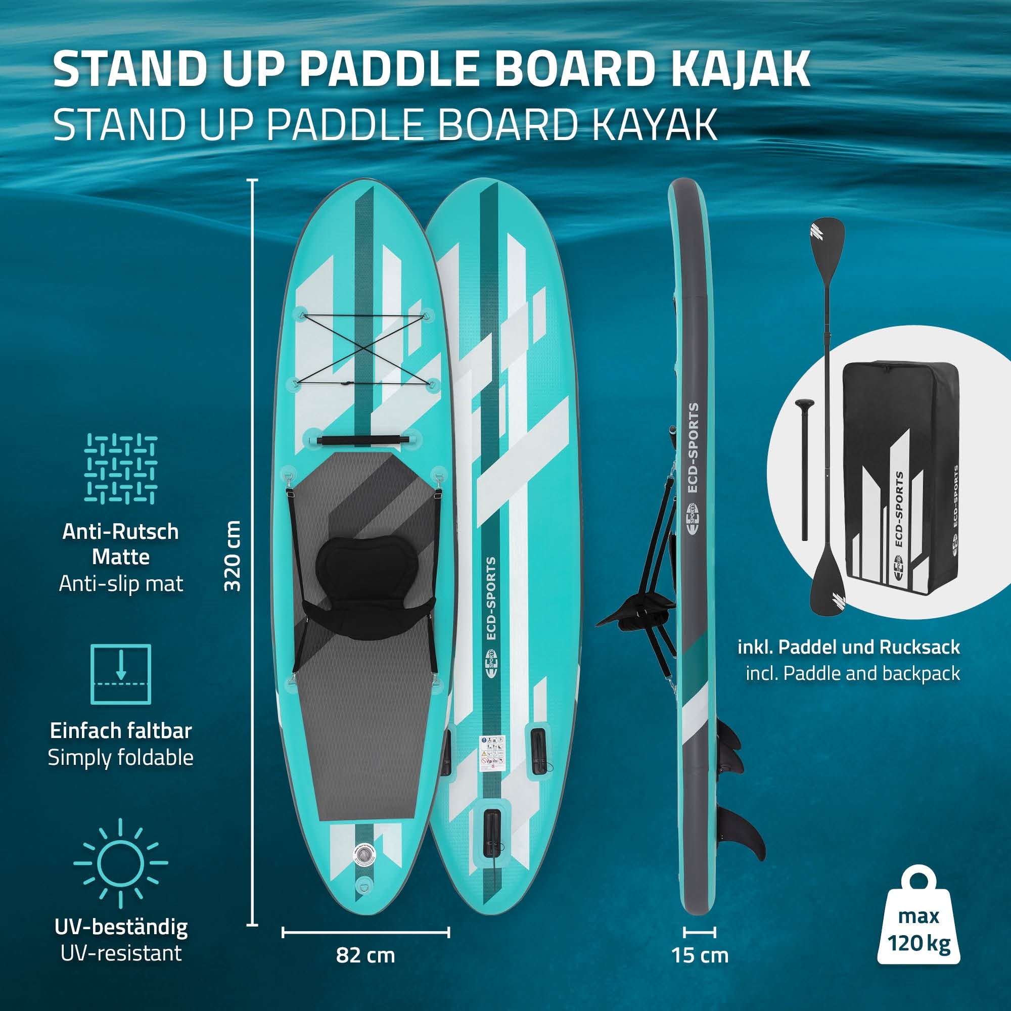 Stand-Up-Paddleboard w kolorze niebieskim z akcesoriami i torbą transportową.