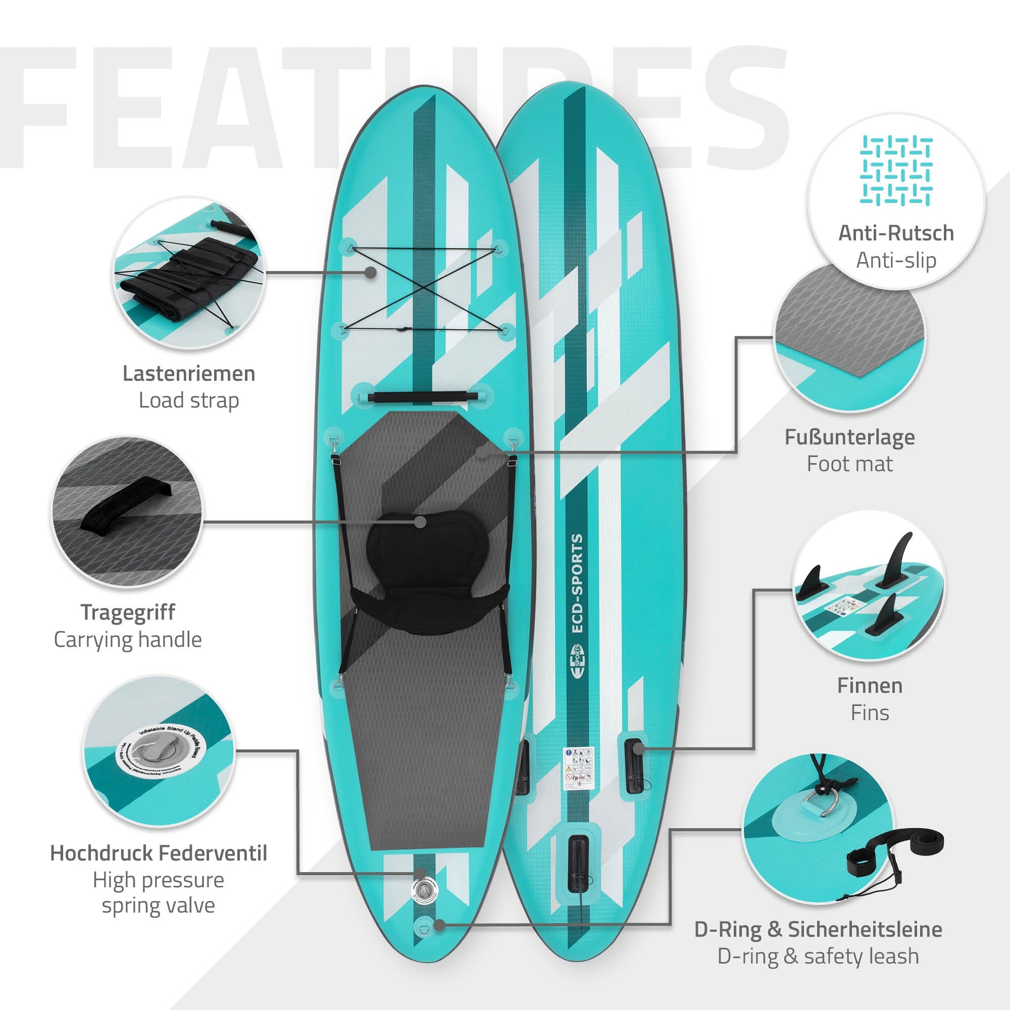 Widok szczegółowy Stand-Up-Paddle-Board z funkcjami i akcesoriami.