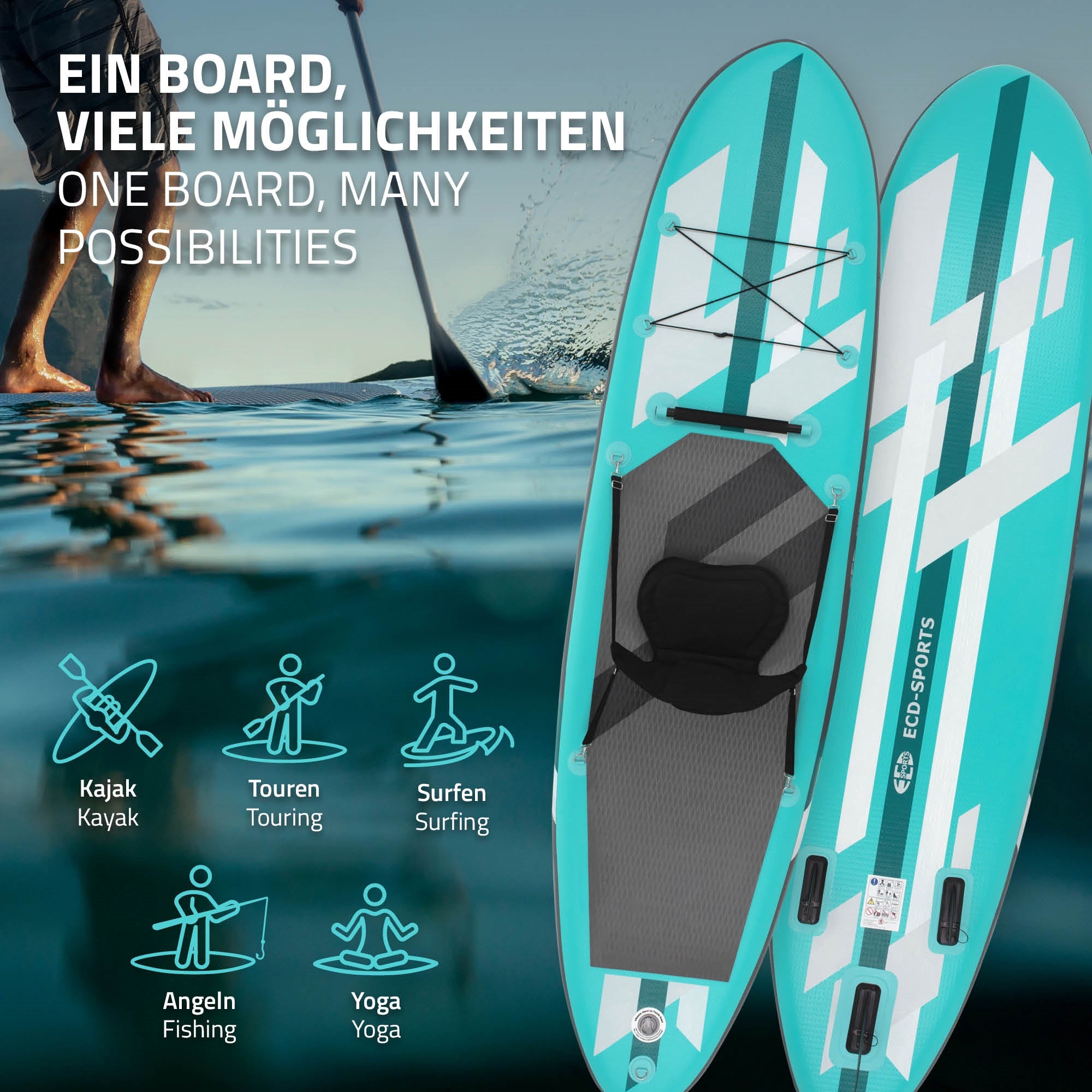 Stand-Up-Paddleboard w kolorze niebieskim z symbolami różnych możliwości użytkowania.