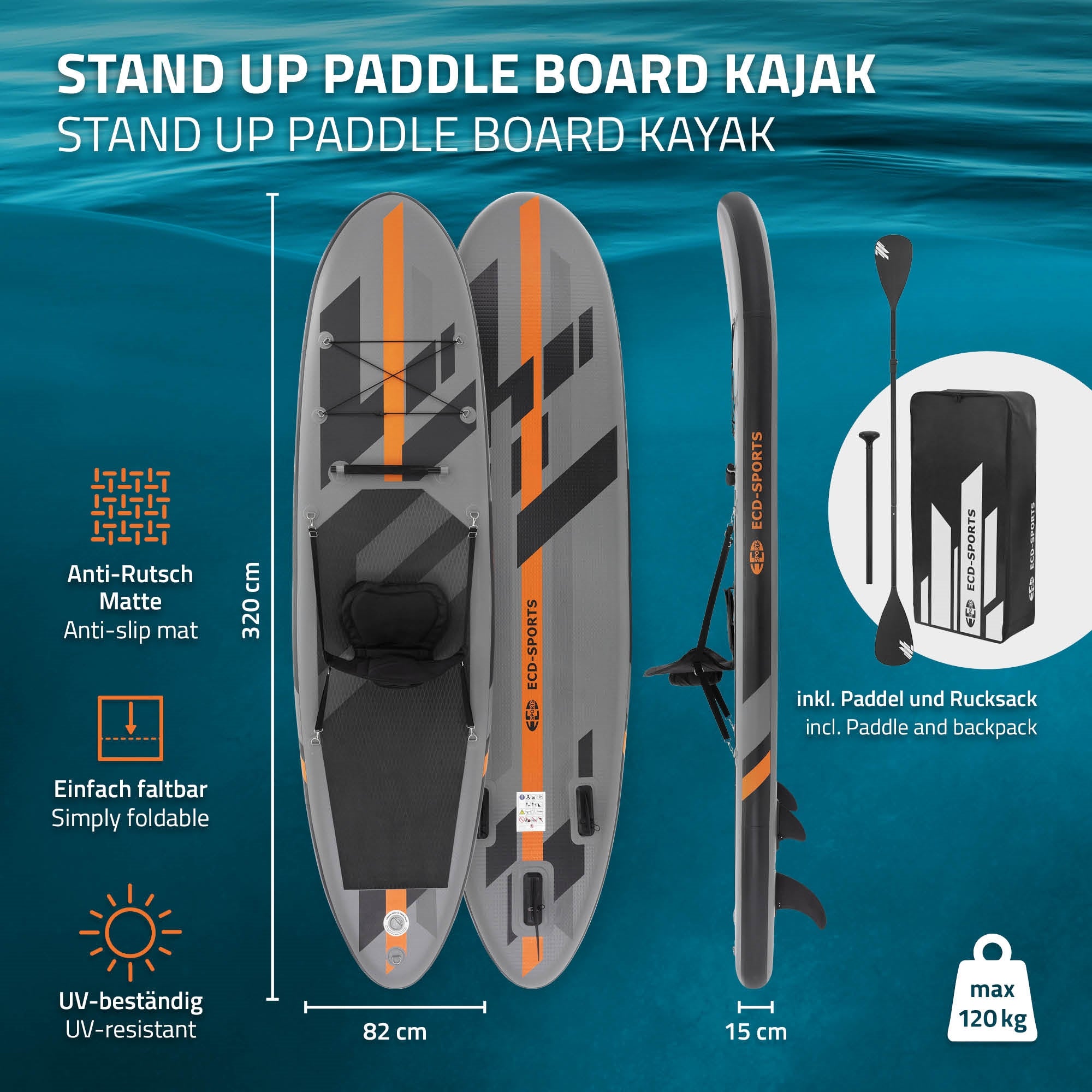 Stand-up paddleboard with orange accents and information on features.