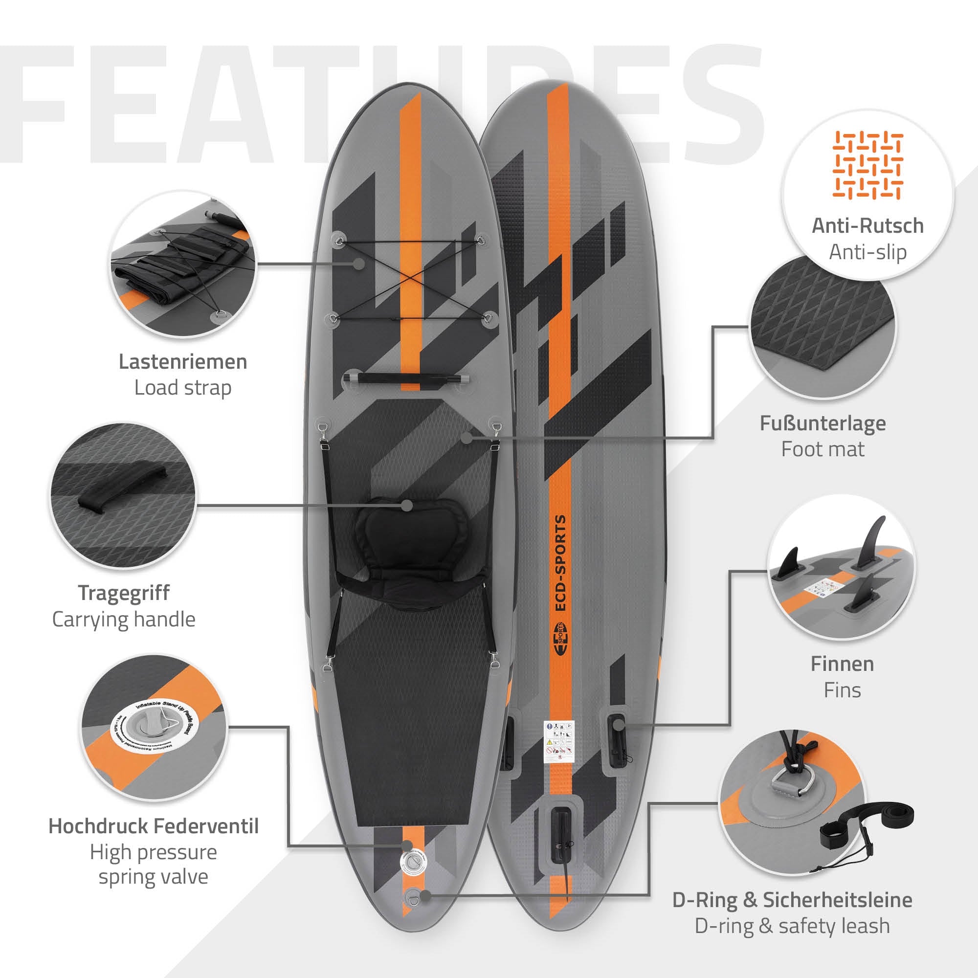 Stand-up paddleboard with anti-slip surface and various functions.