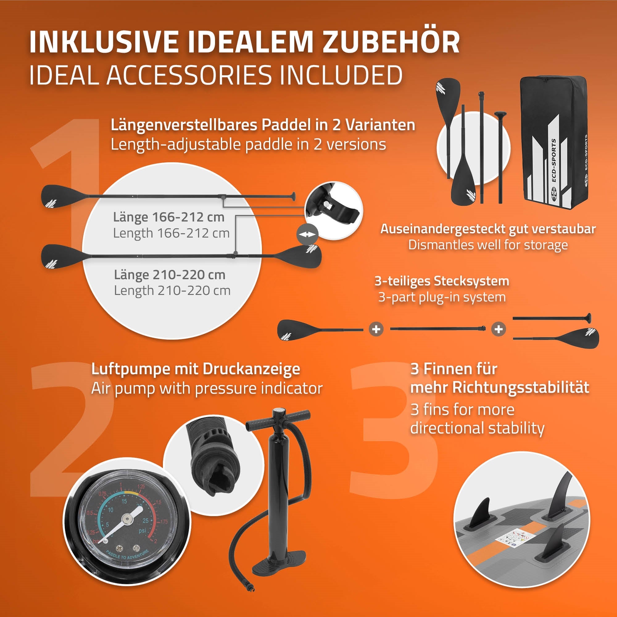 Graphic with accessories for stand-up paddleboard, including paddle and air pump.