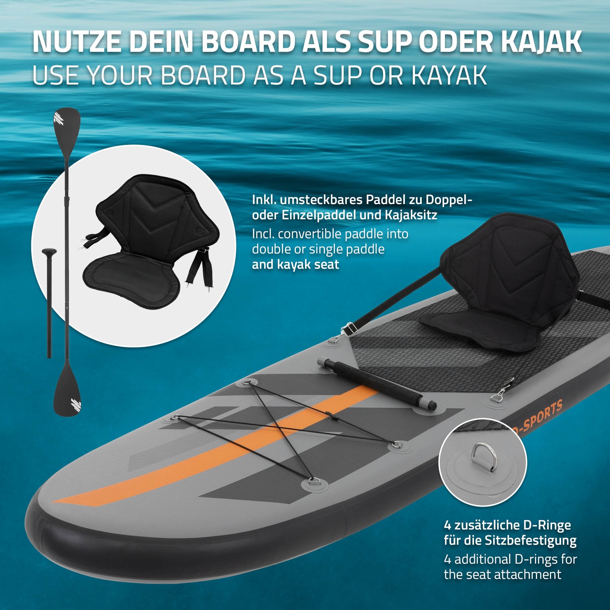 Stand-up paddleboard with seat and paddle on water surface.