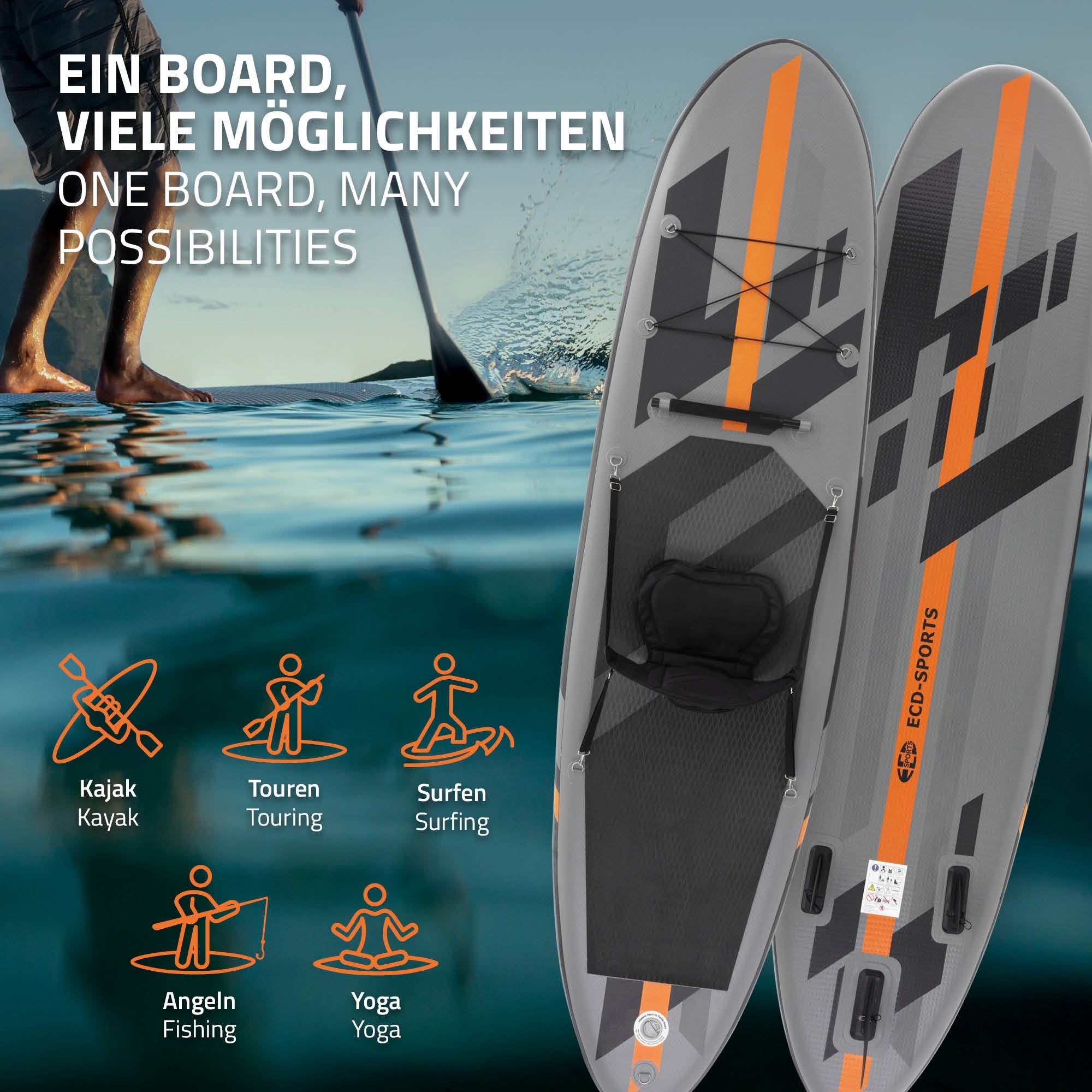 Stand-up paddleboard with orange accents and symbols for various activities.