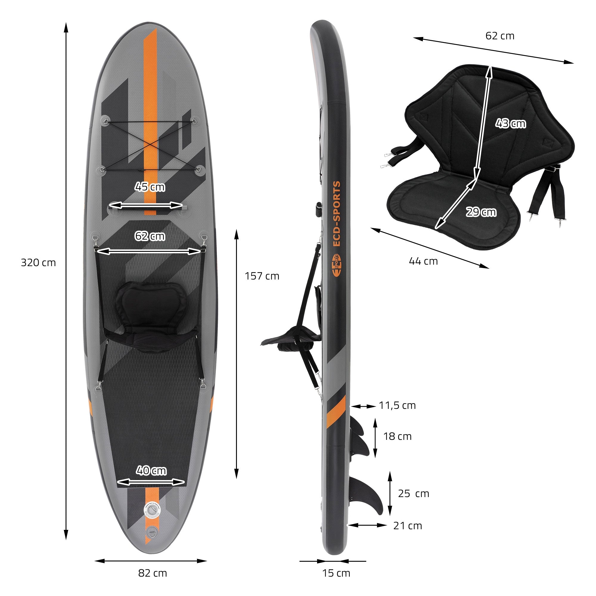 Measurement drawing of a stand-up paddleboard with dimensions and seating.
