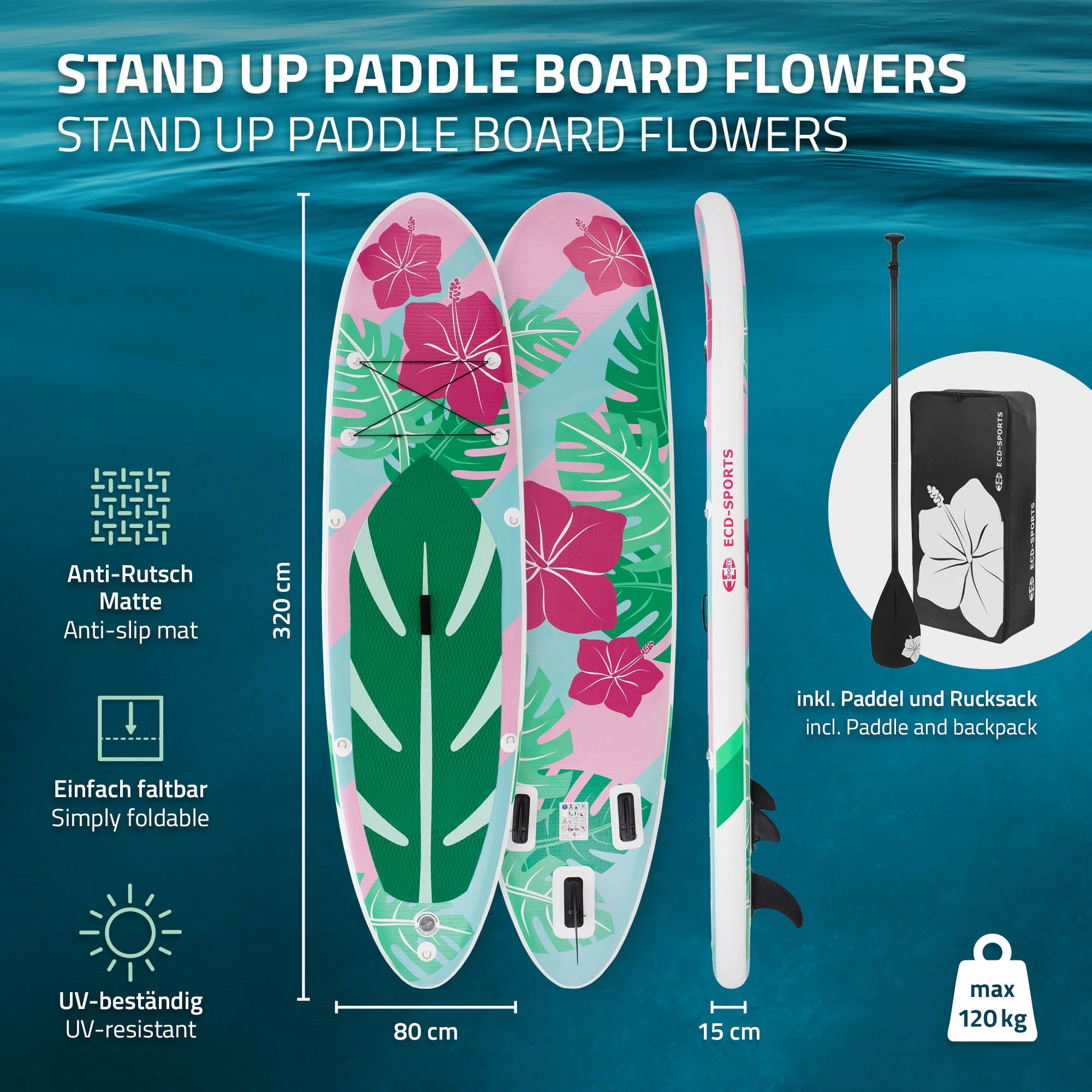 Stand-Up-Paddle-Board in design floreale con tappetino antiscivolo e design pieghevole.