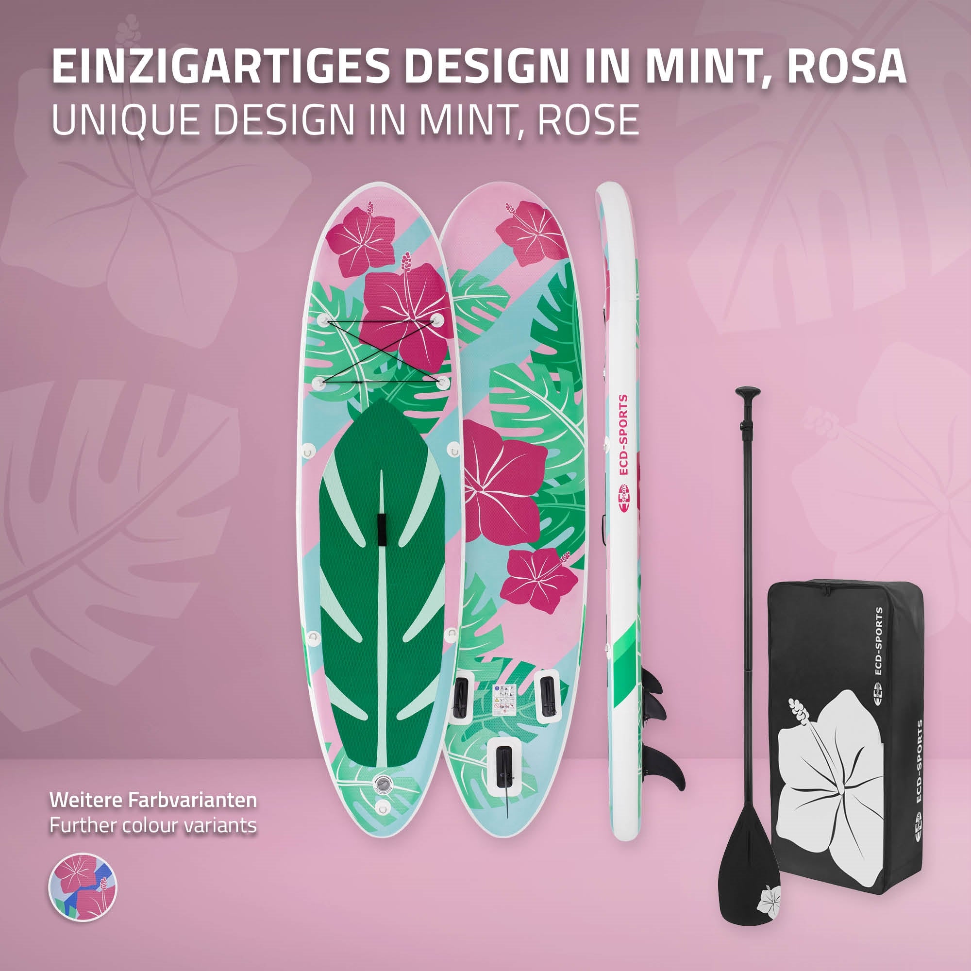 Due Stand-Up-Paddle-Boards in menta e rosa con motivo floreale e accessori.
