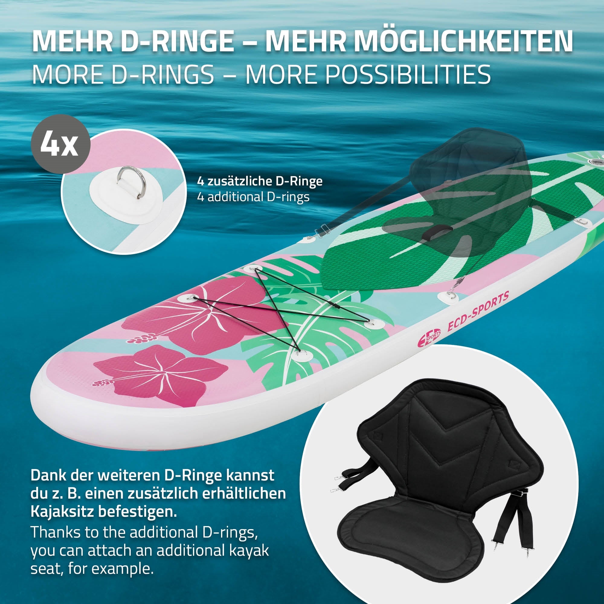 Grafica di uno Stand-Up-Paddleboard con D-ring e possibilità di seduta.