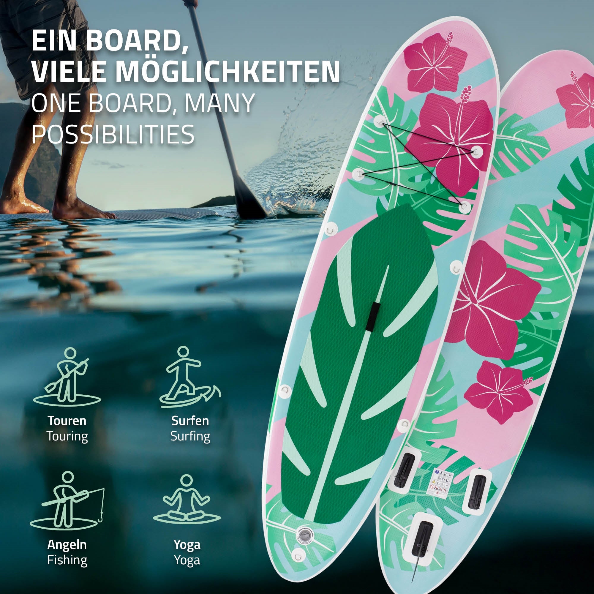 Stand-Up-Paddle-Board con design a foglia colorata e diverse possibilità d'uso.