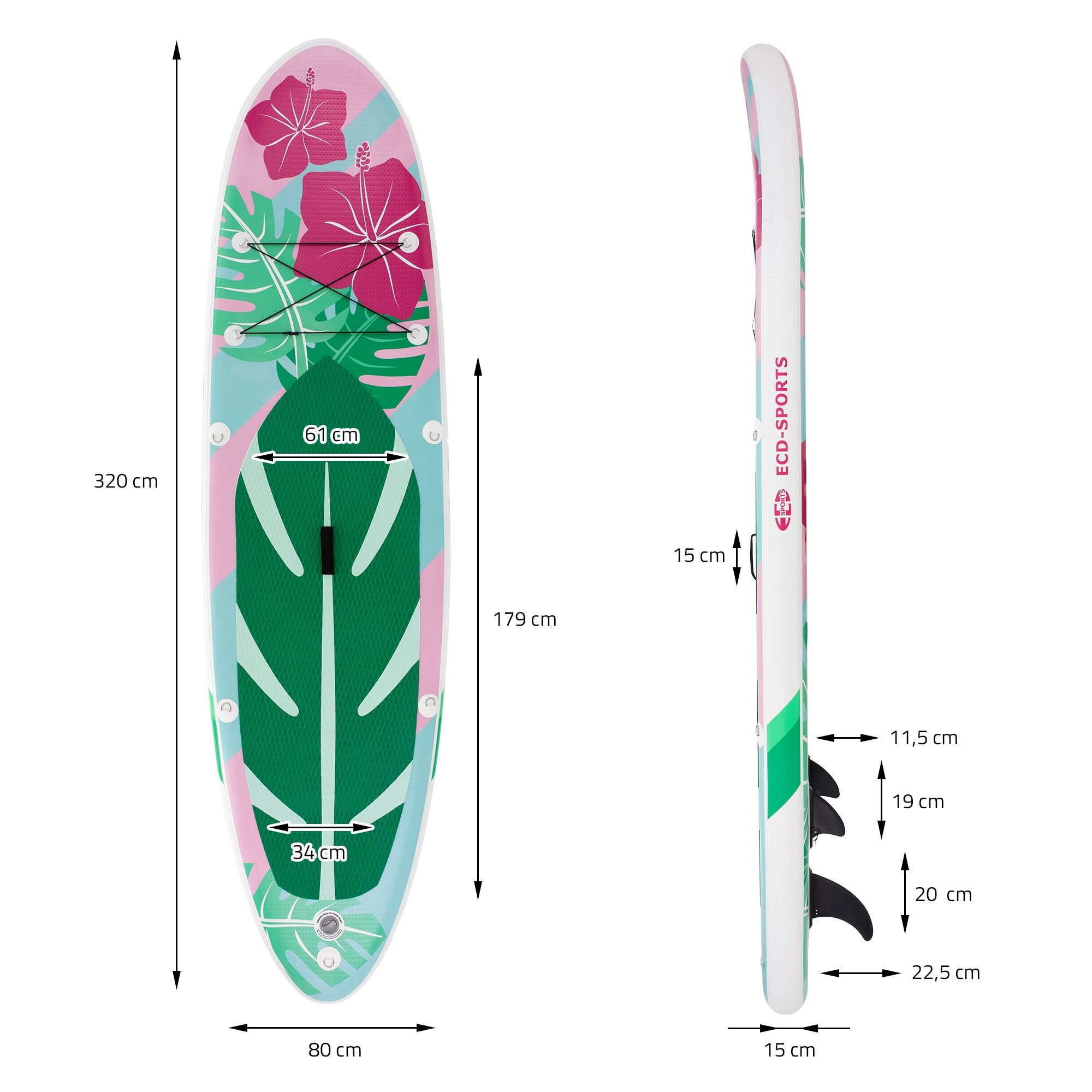 Stand-Up-Paddle-Board con misure e design in rosa e verde.