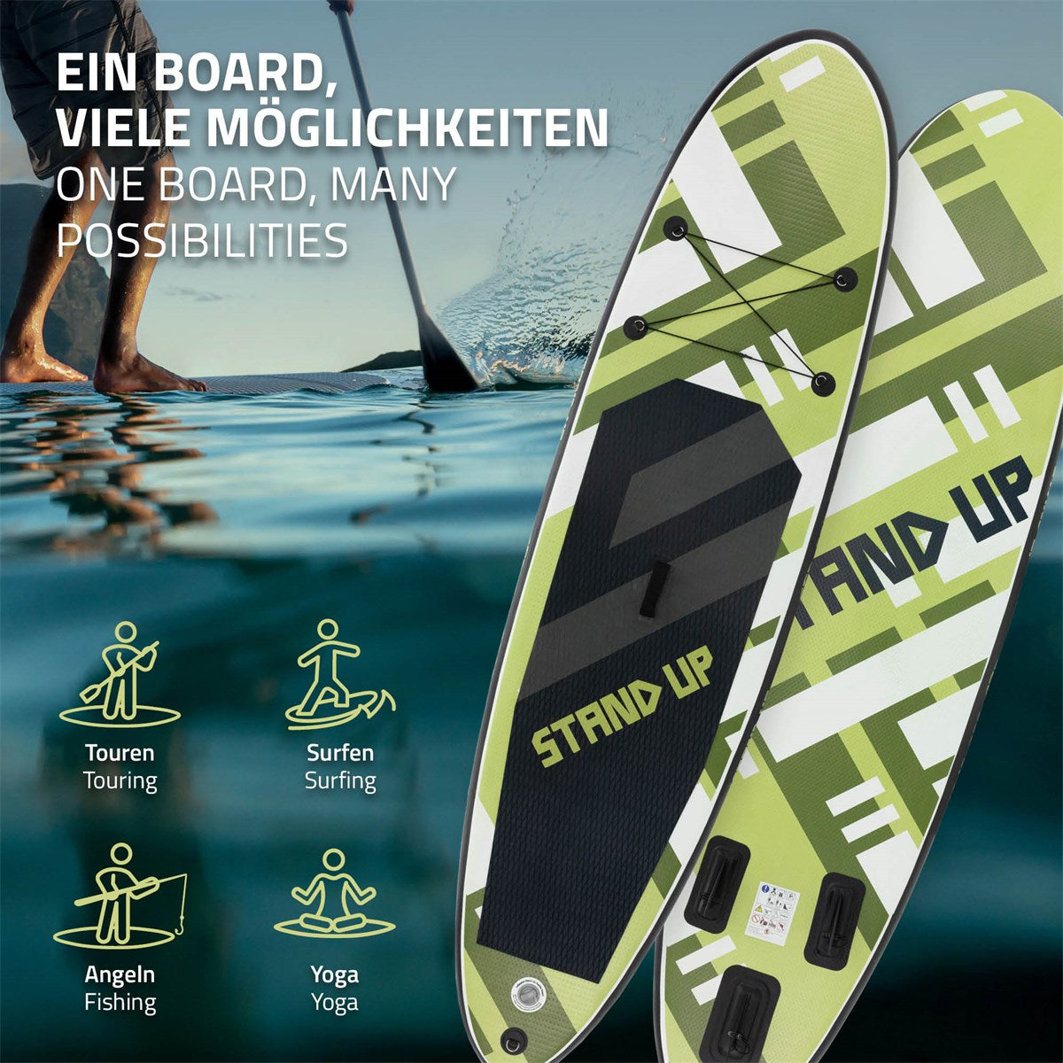 Dva paddleboardy se zelenými a bílými vzory na vodě.