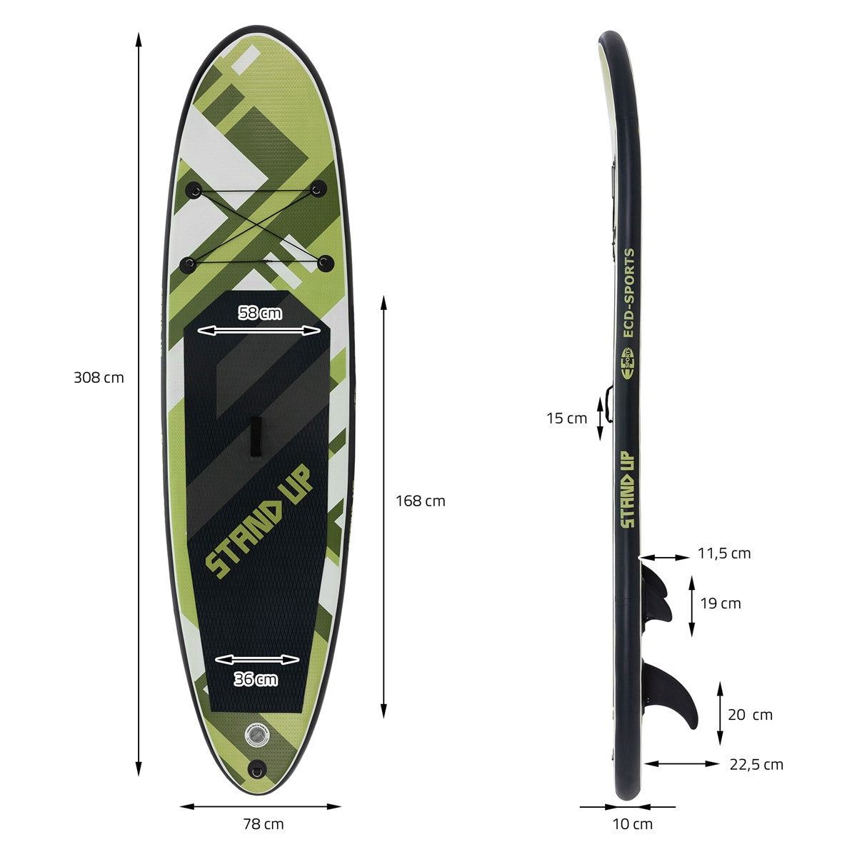 Paddleboard s rozměry a designem v zelené a černé barvě.
