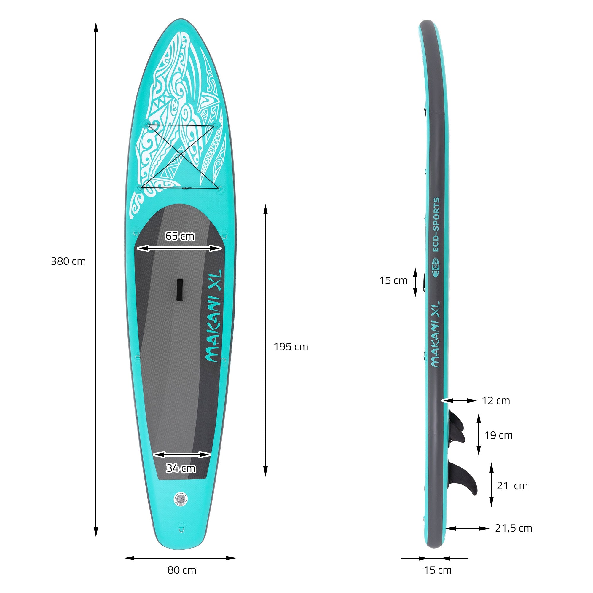 Méretezett rajzok egy türkiz színű Stand-Up-Paddle-Boardról.